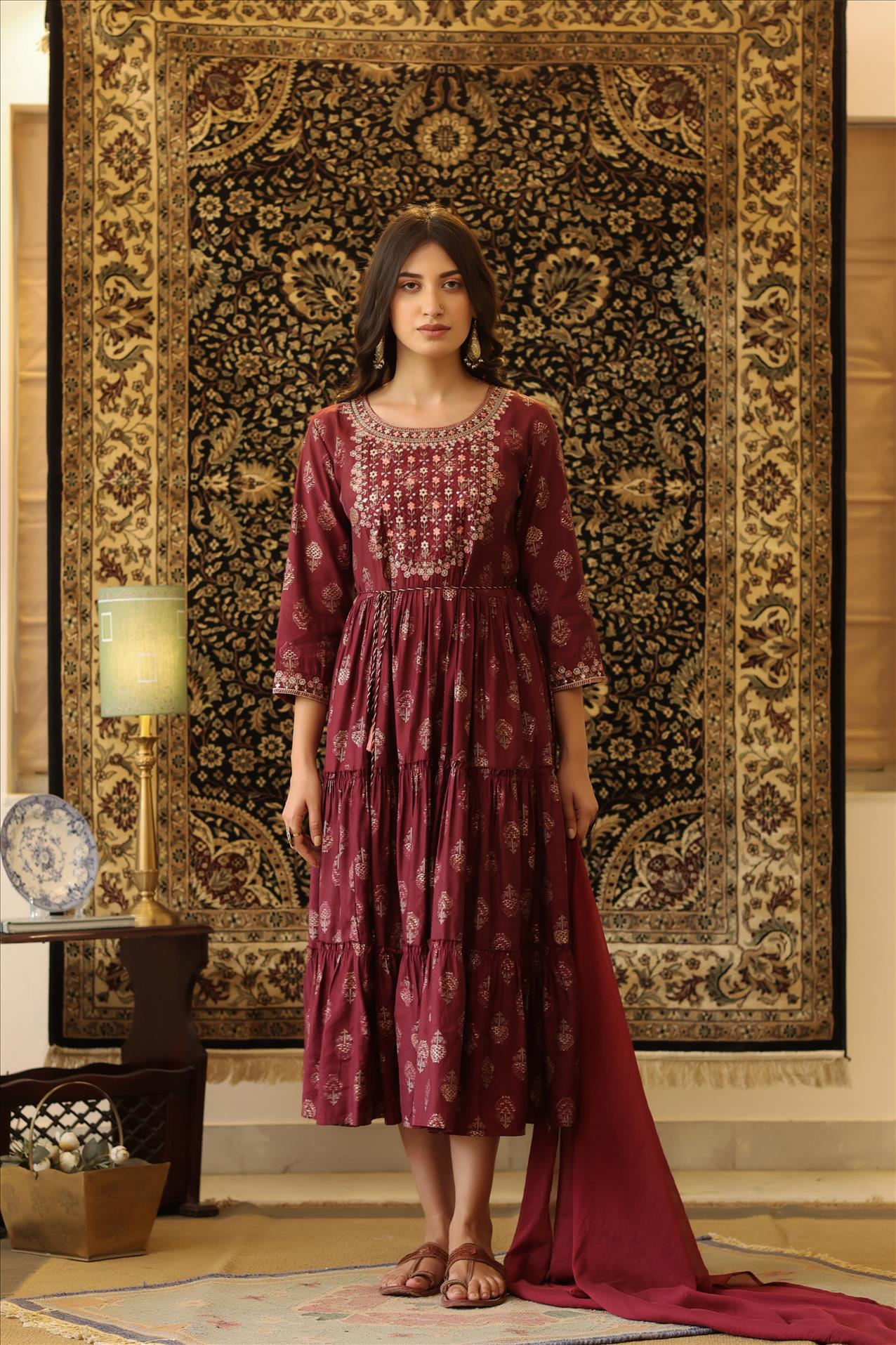 Maroon Modal Embroidered Yoke Design Printed Tiered Kurta Dress With Chiffon Dupatta And Dori Belt