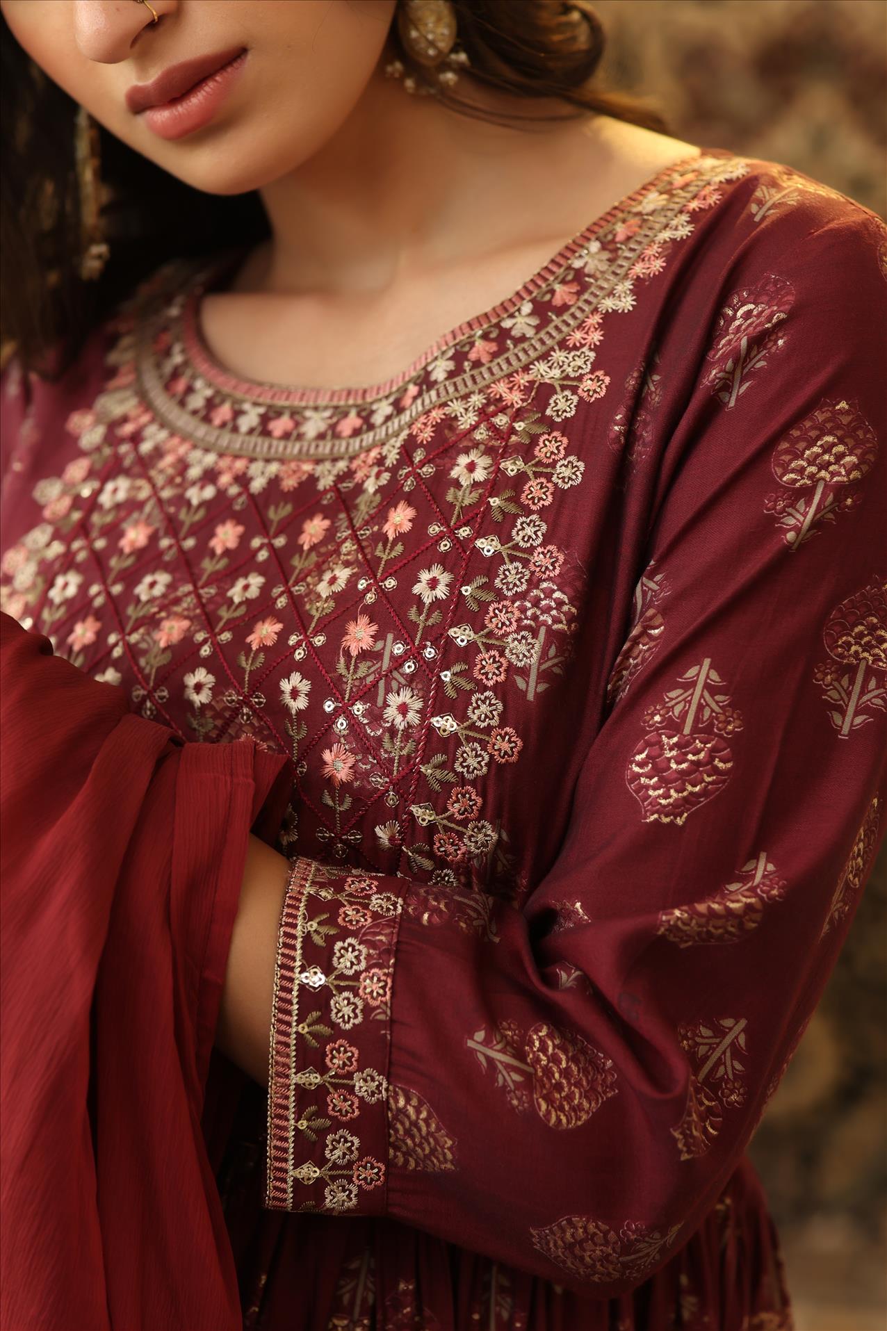 Maroon Modal Embroidered Yoke Design Printed Tiered Kurta Dress With Chiffon Dupatta And Dori Belt