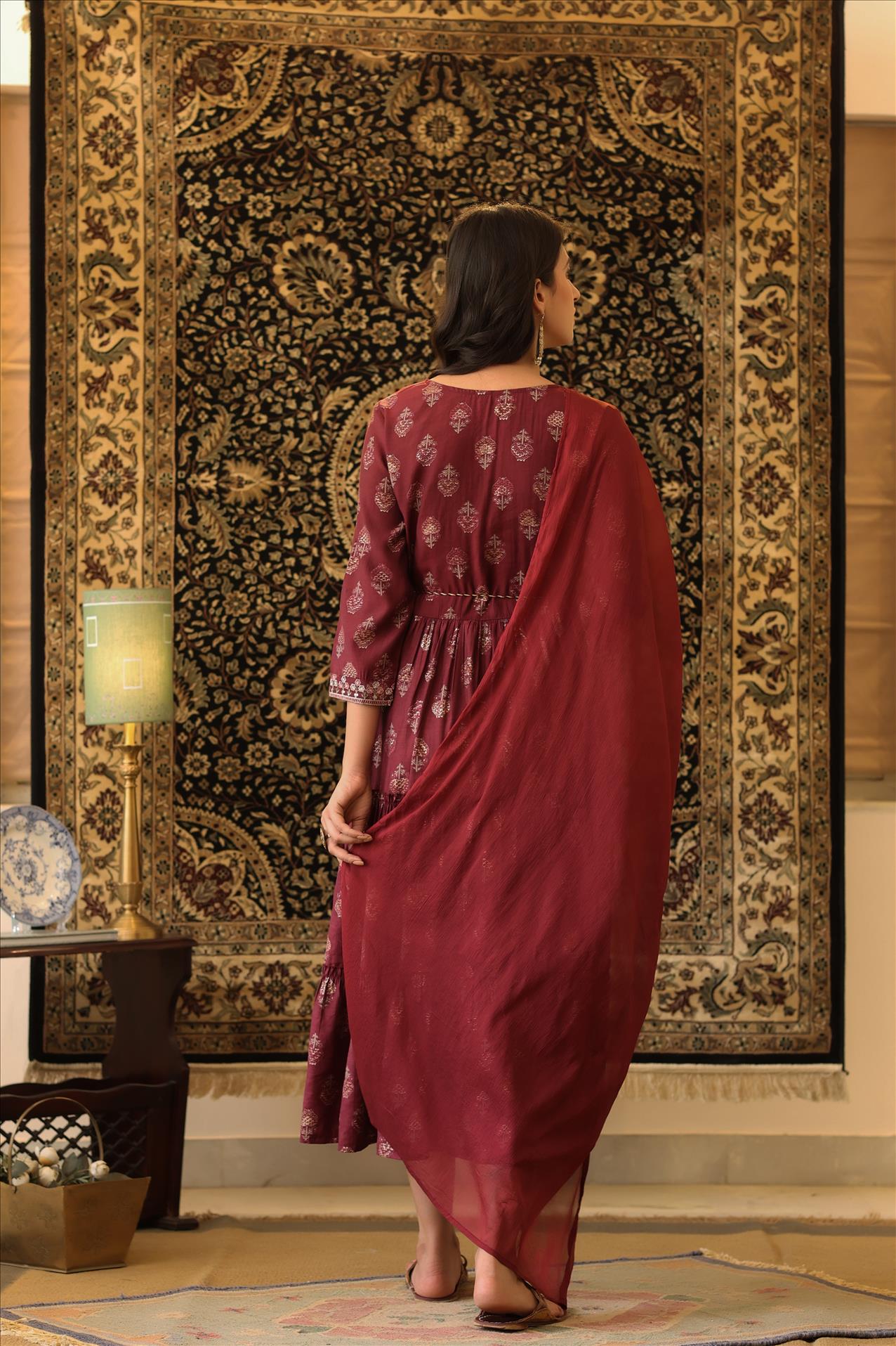 Maroon Modal Embroidered Yoke Design Printed Tiered Kurta Dress With Chiffon Dupatta And Dori Belt