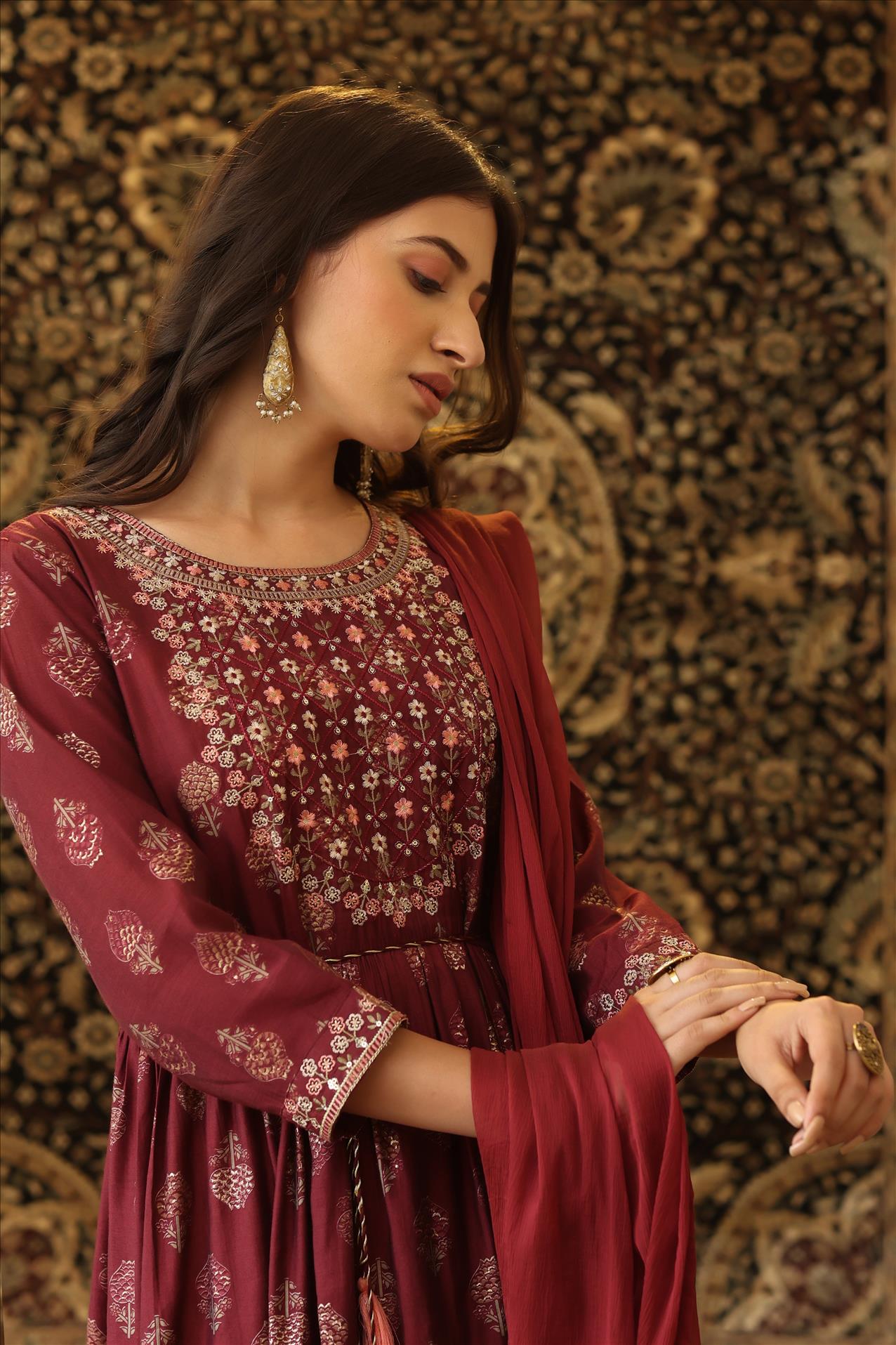 Maroon Modal Embroidered Yoke Design Printed Tiered Kurta Dress With Chiffon Dupatta And Dori Belt