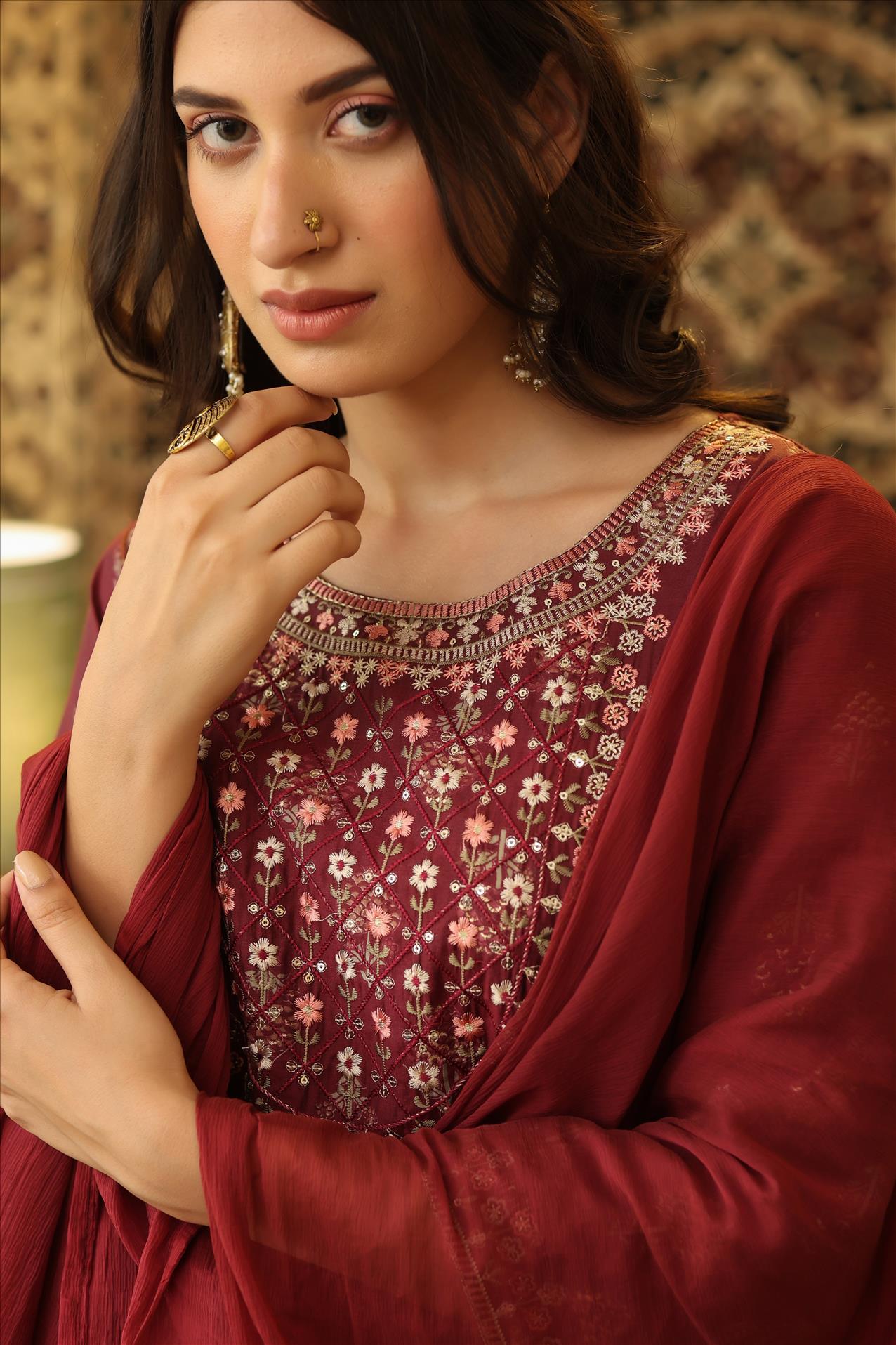 Maroon Modal Embroidered Yoke Design Printed Tiered Kurta Dress With Chiffon Dupatta And Dori Belt