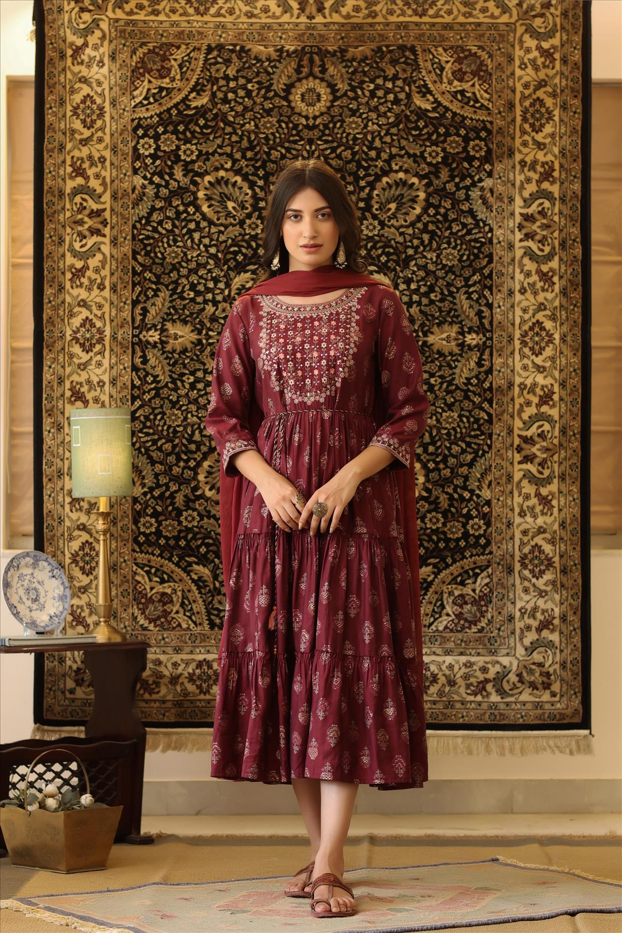 Maroon Modal Embroidered Yoke Design Printed Tiered Kurta Dress With Chiffon Dupatta And Dori Belt