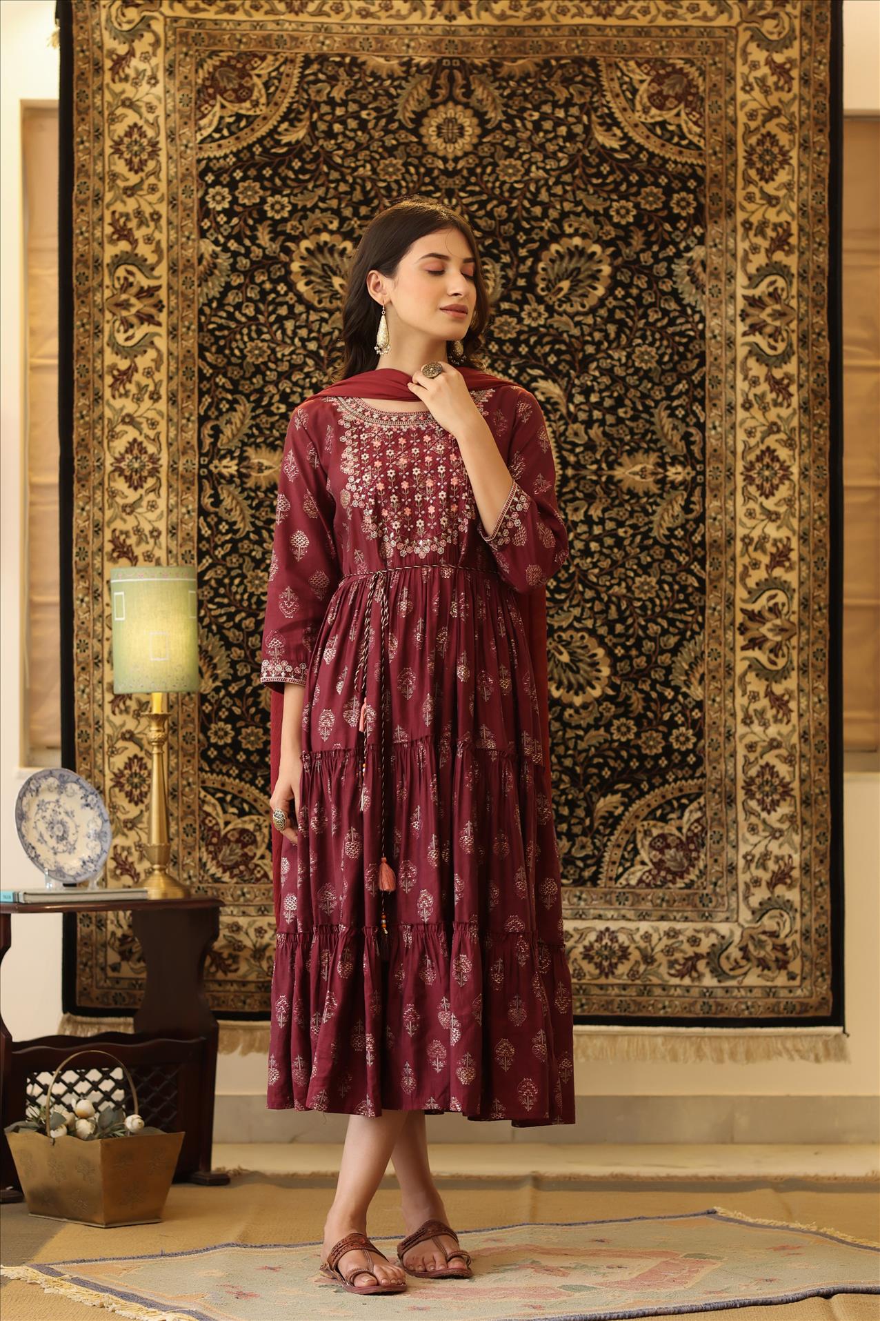 Maroon Modal Embroidered Yoke Design Printed Tiered Kurta Dress With Chiffon Dupatta And Dori Belt