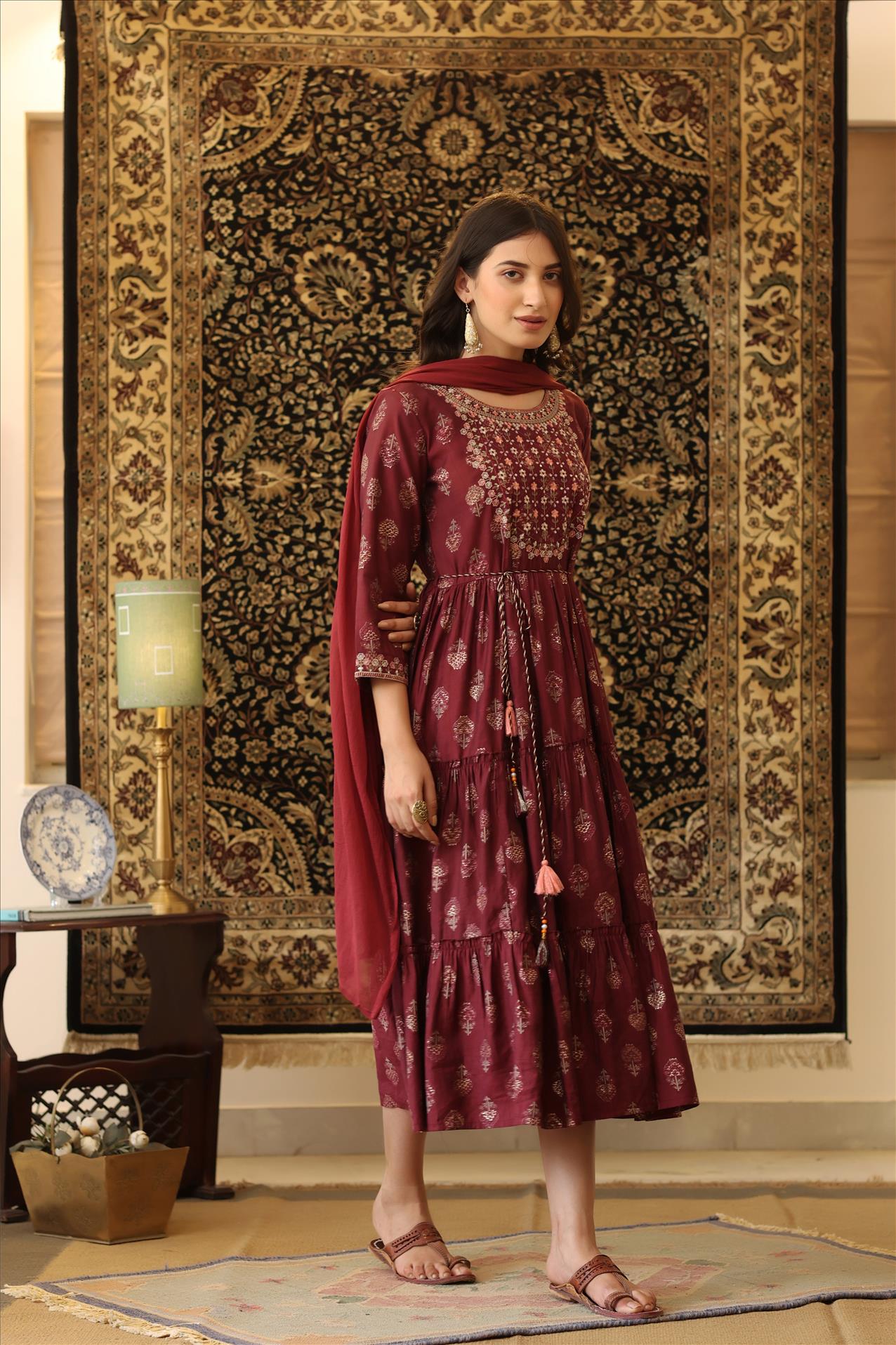 Maroon Modal Embroidered Yoke Design Printed Tiered Kurta Dress With Chiffon Dupatta And Dori Belt