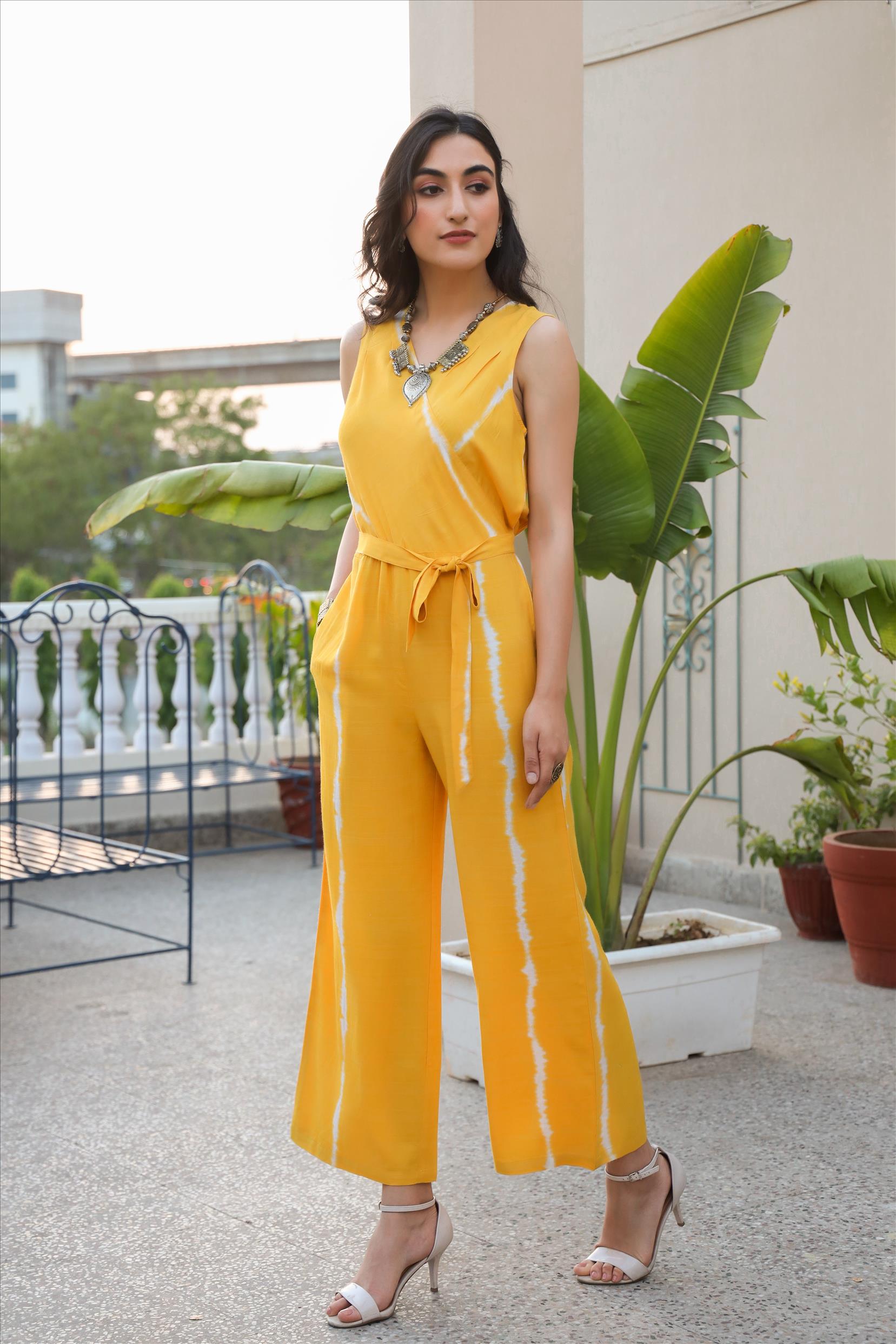 Yellow Rayon Dobby Shibori Jumpsuit With Belt Tie Up