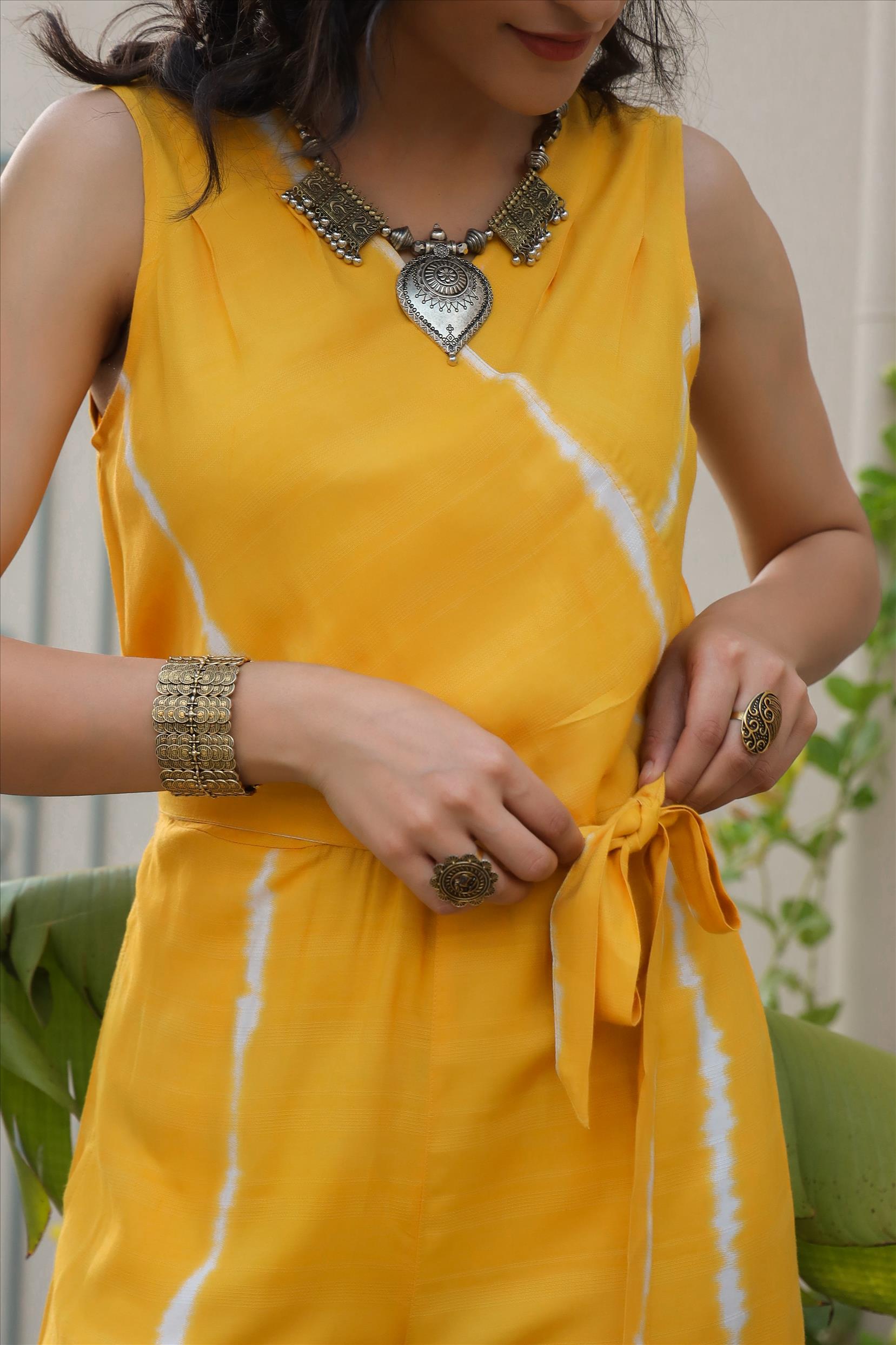 Yellow Rayon Dobby Shibori Jumpsuit With Belt Tie Up