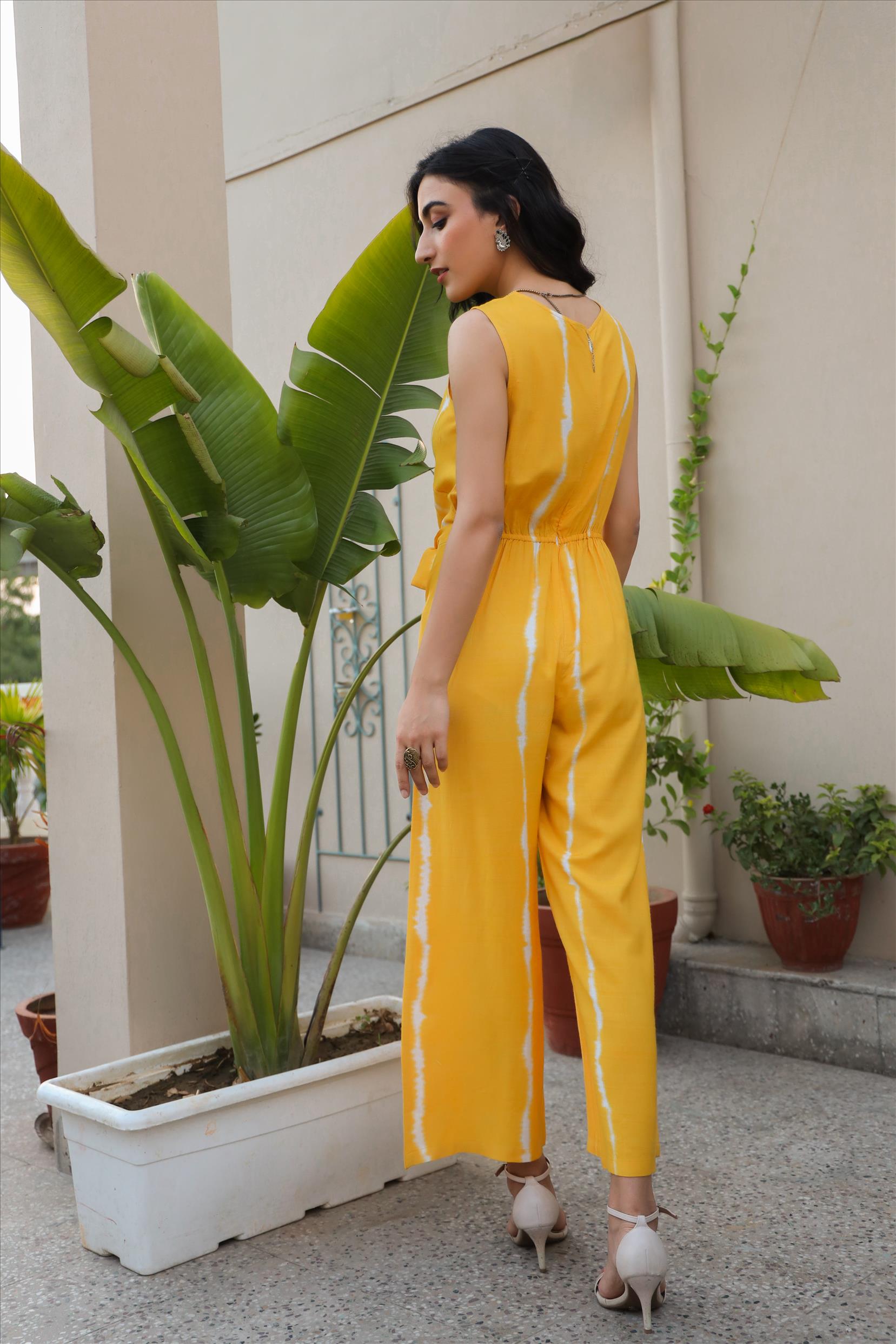 Yellow Rayon Dobby Shibori Jumpsuit With Belt Tie Up