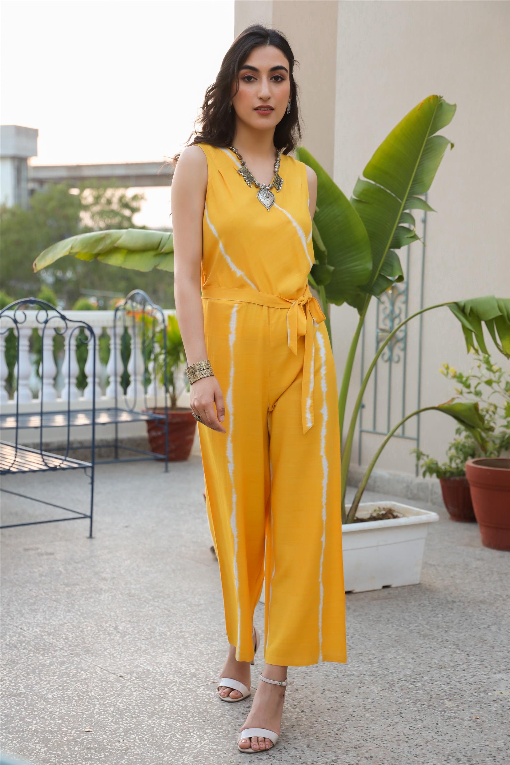 Yellow Rayon Dobby Shibori Jumpsuit With Belt Tie Up