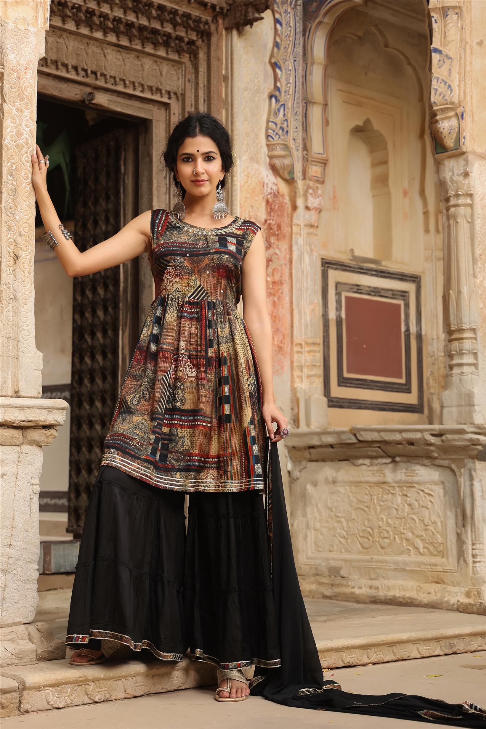 Black Lenzing Silk Printed Kurti Sharara Dupatta Set