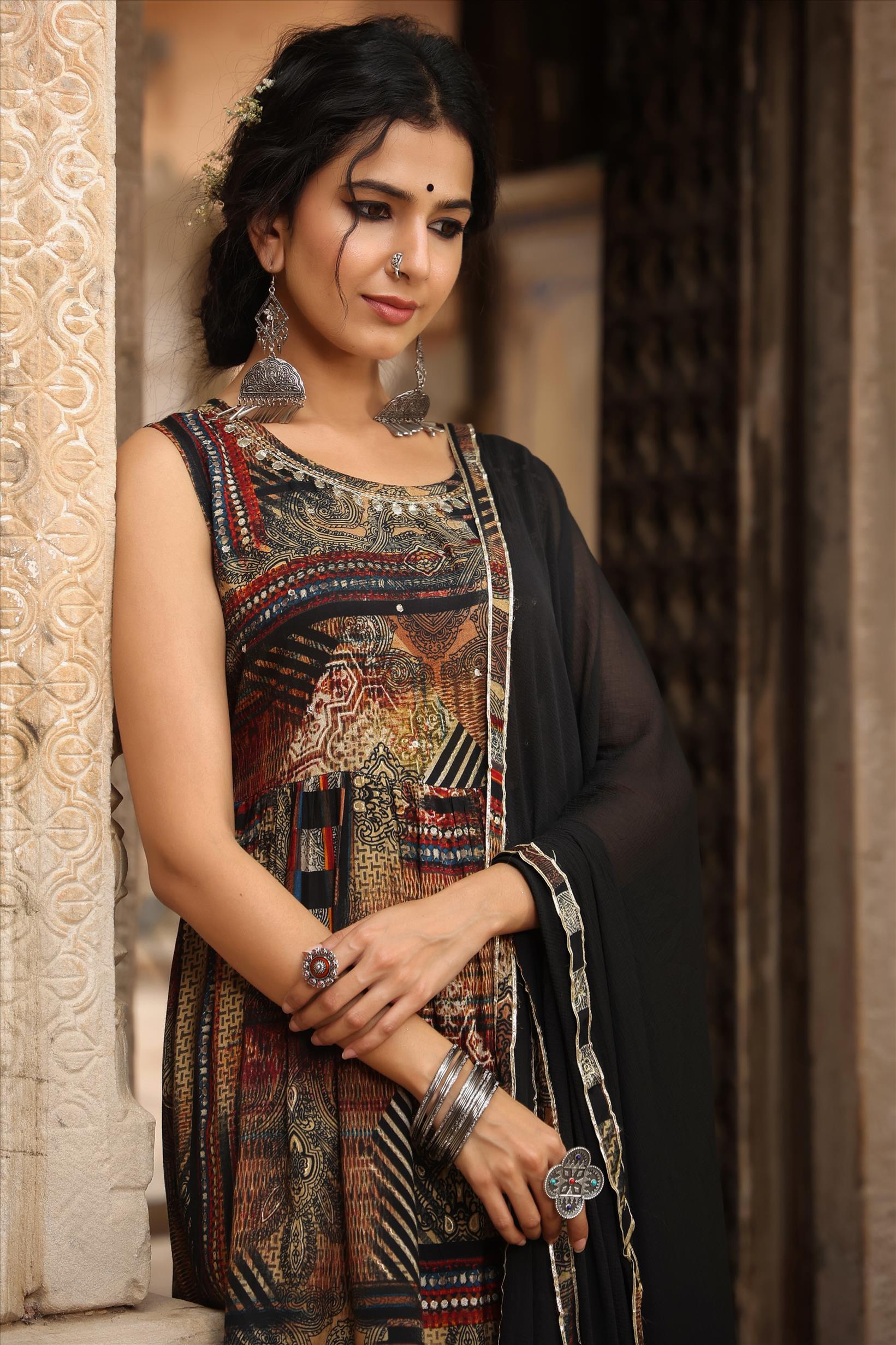 Black Lenzing Silk Printed Kurti Sharara Dupatta Set