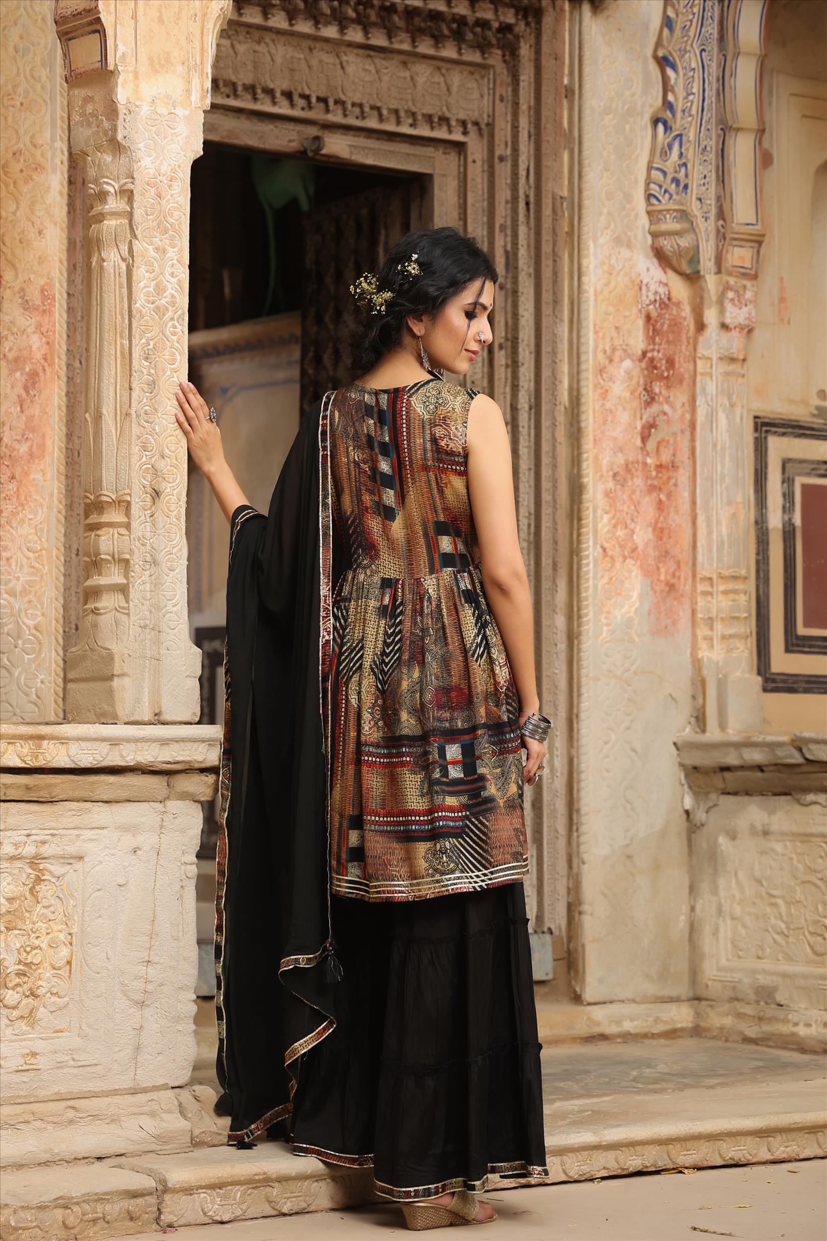 Black Lenzing Silk Printed Kurti Sharara Dupatta Set