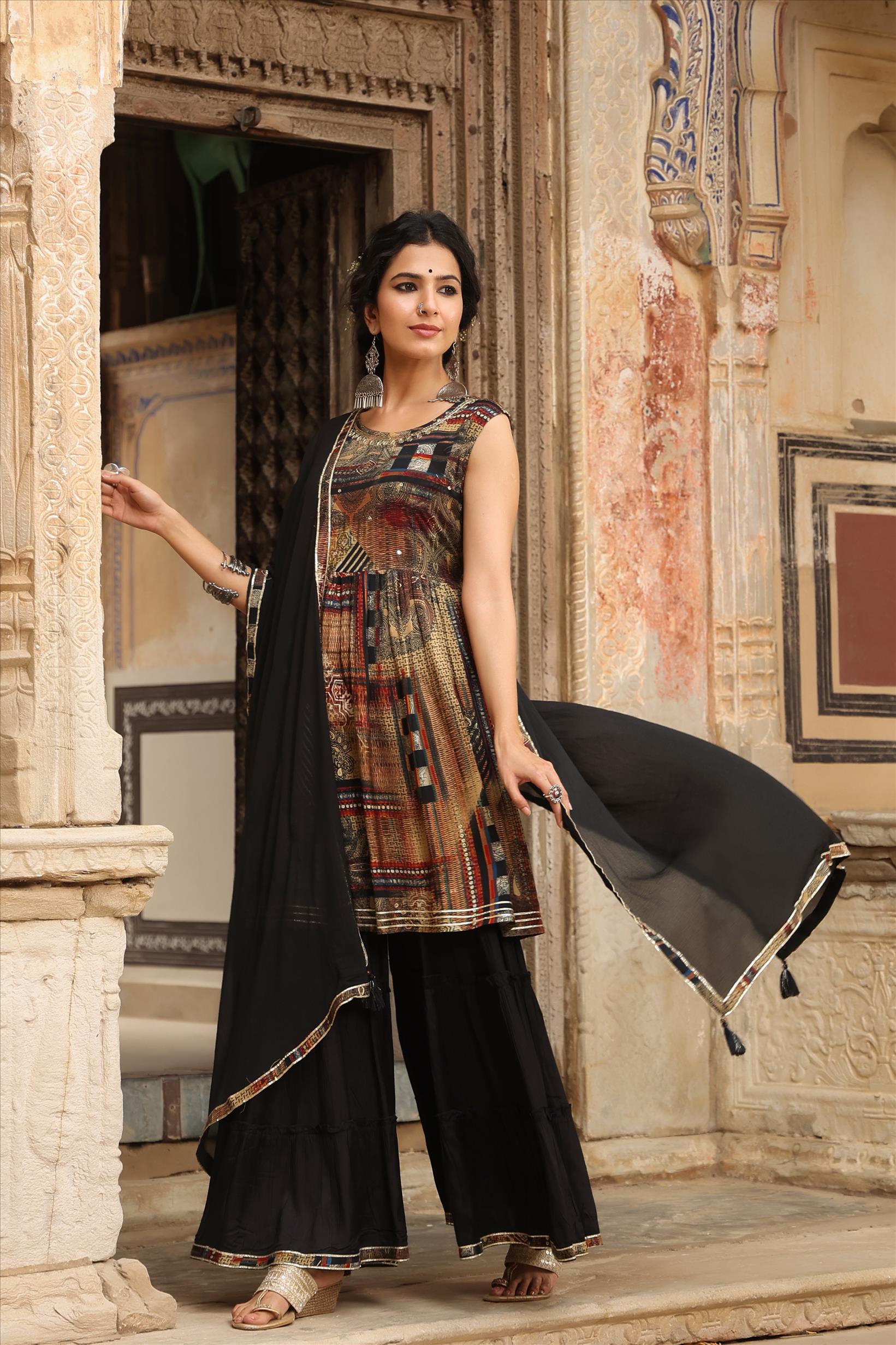 Black Lenzing Silk Printed Kurti Sharara Dupatta Set