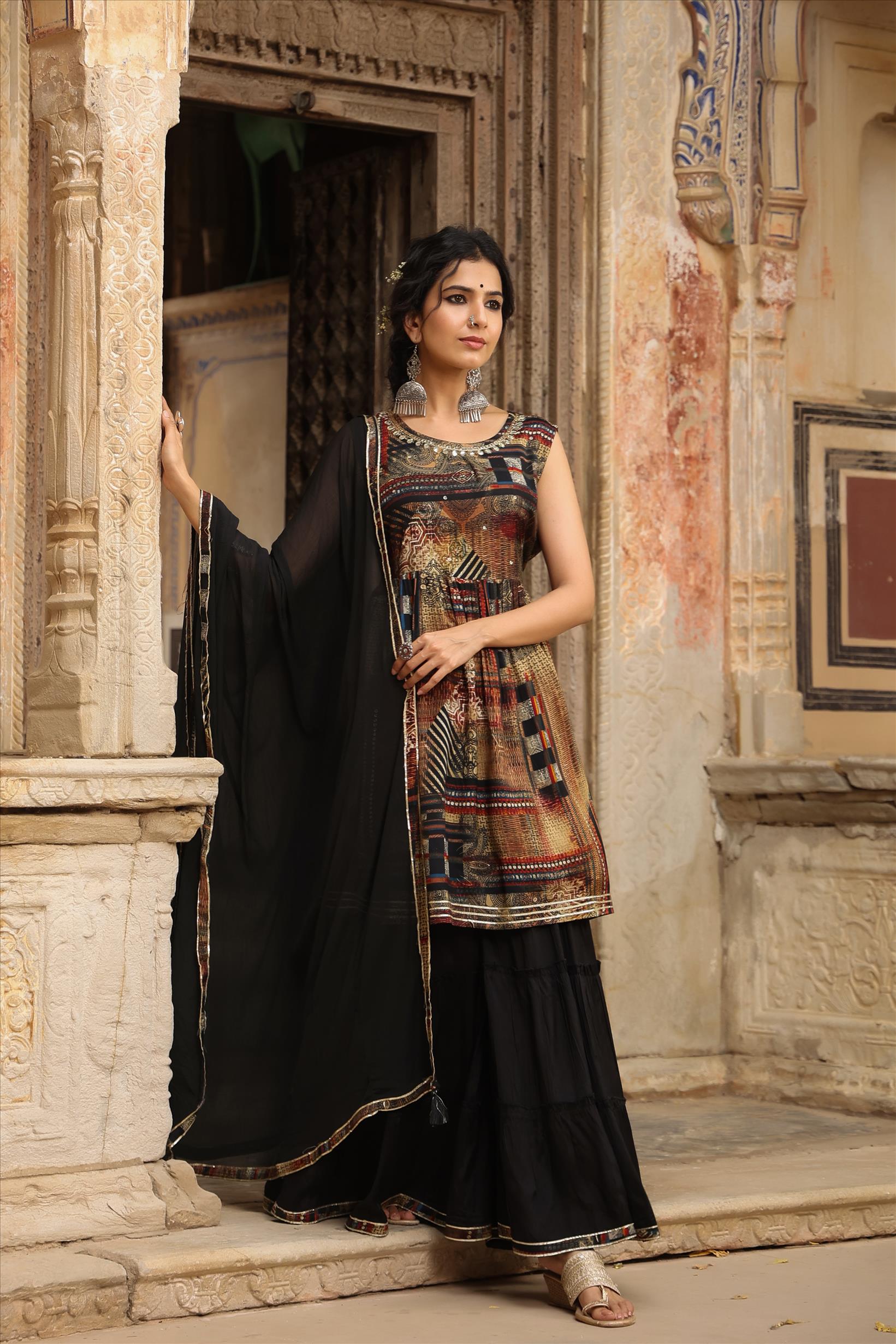 Black Lenzing Silk Printed Kurti Sharara Dupatta Set