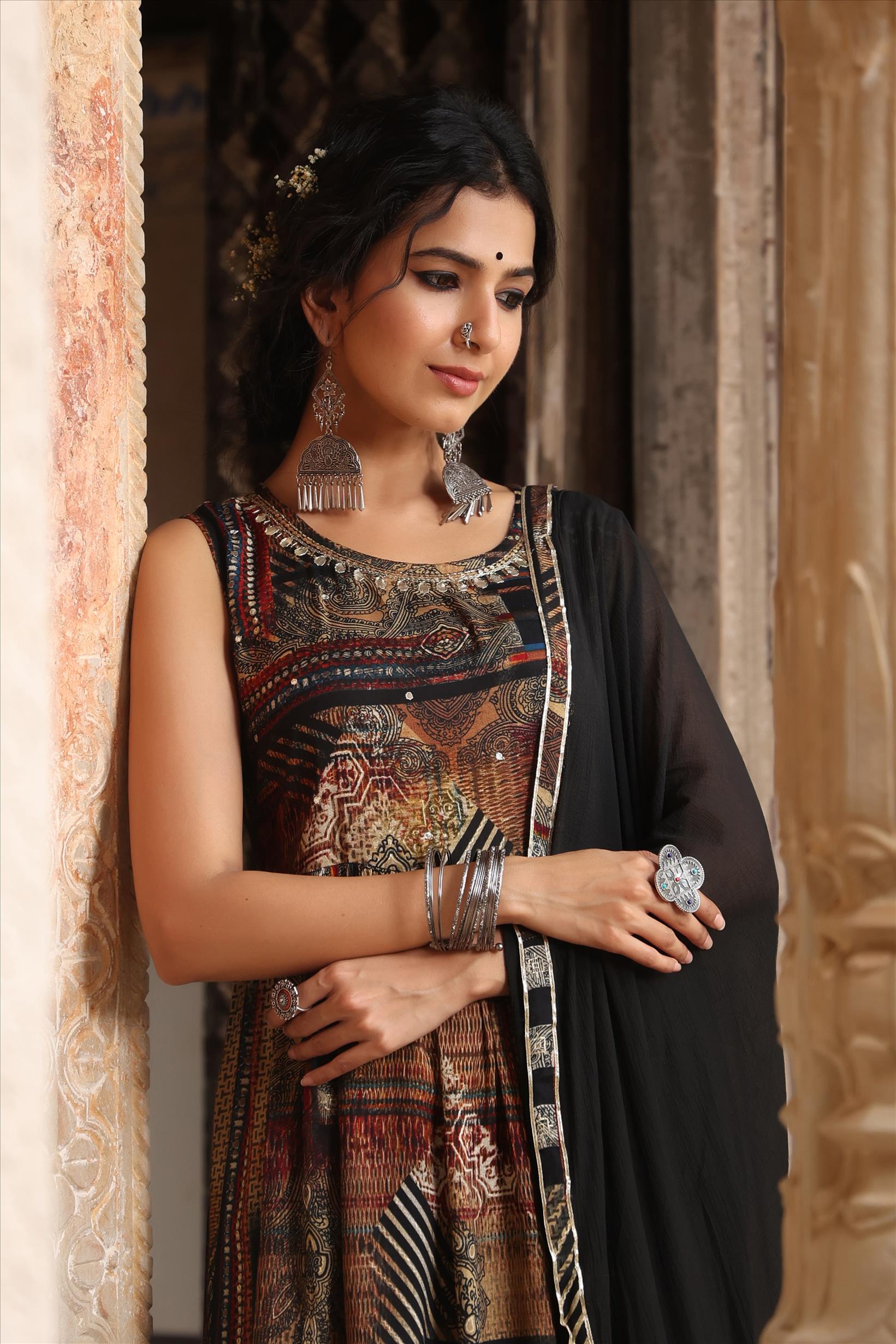 Black Lenzing Silk Printed Kurti Sharara Dupatta Set