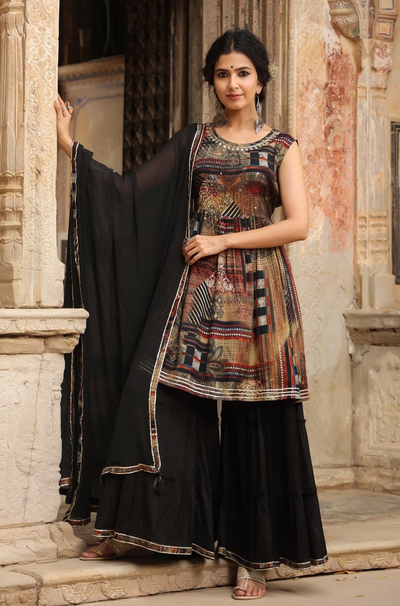 Black Lenzing Silk Printed Kurti Sharara Dupatta Set