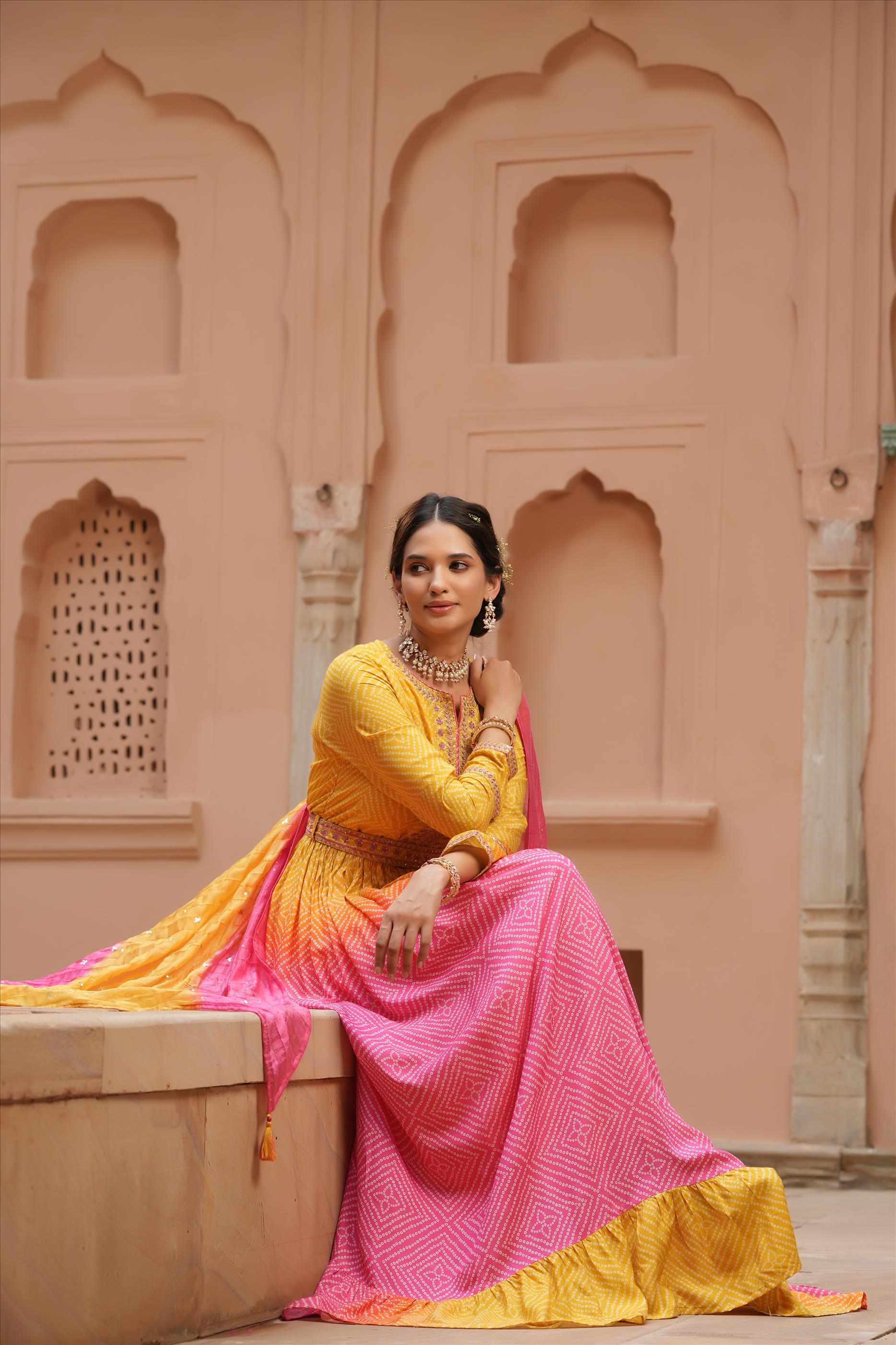 Pink Muslin Silk Bandhani Anarkali Dress With Belt & Dupatta