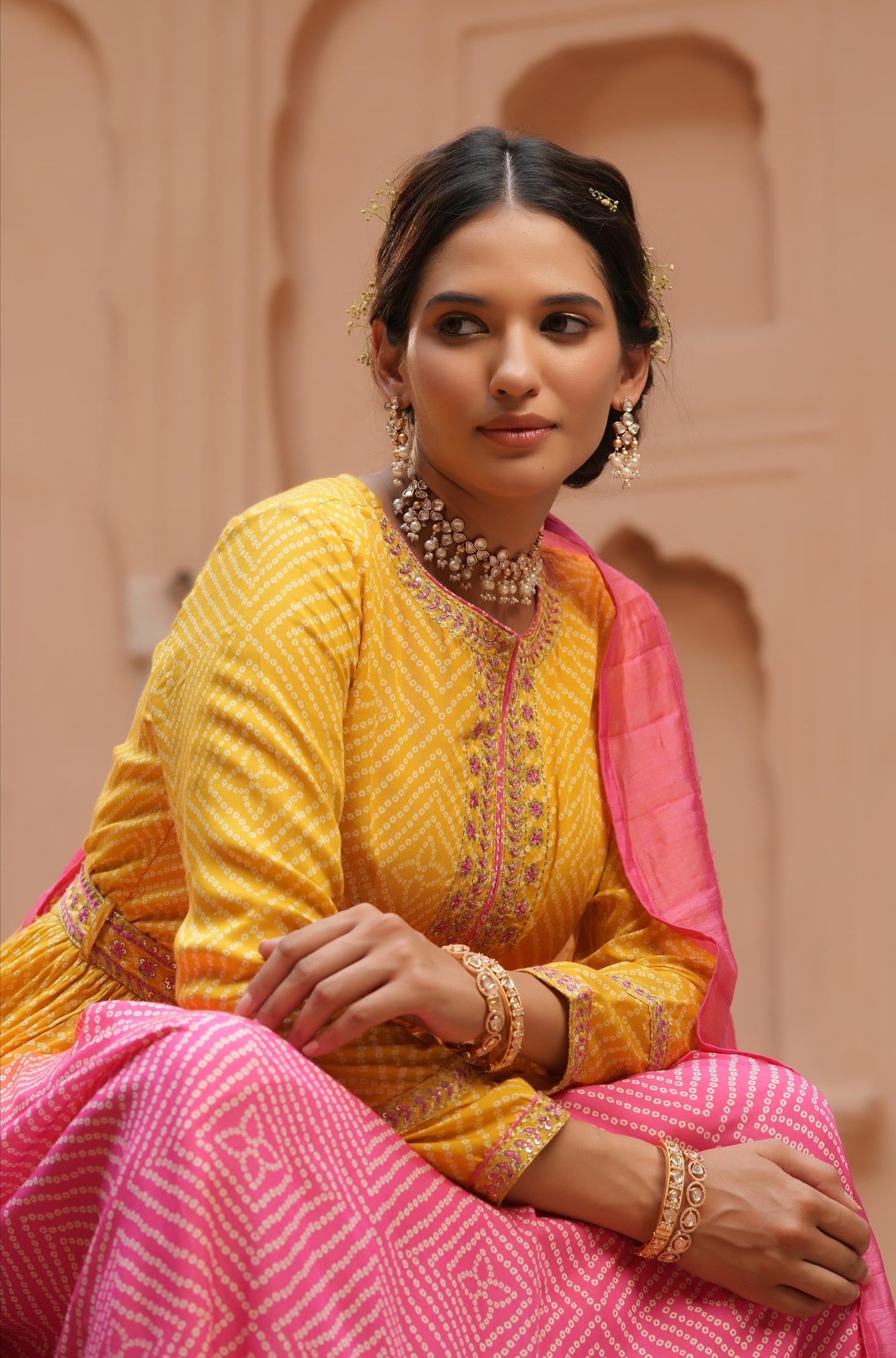 Pink Muslin Silk Bandhani Digital Print Tie & Dye Anarkali Ethnic Dress With Embroidered Belt & Silk Dupatta