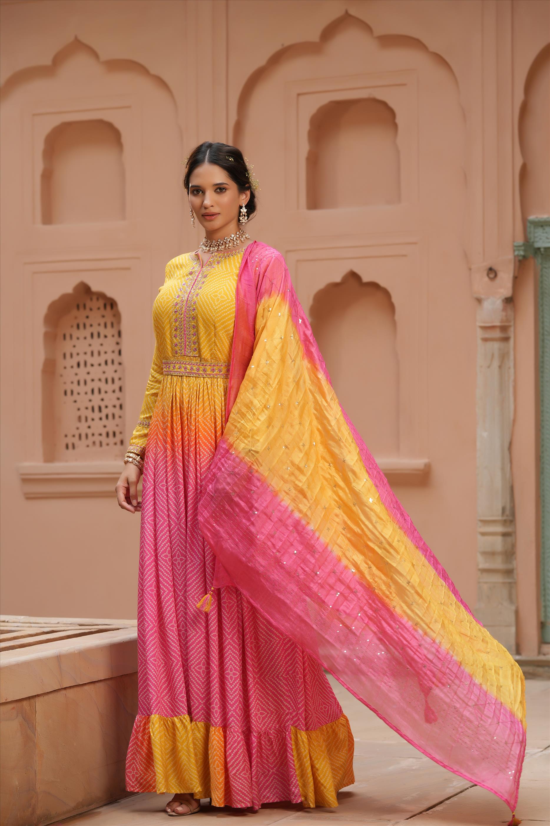 Pink Muslin Silk Bandhani Digital Print Tie & Dye Anarkali Ethnic Dress With Embroidered Belt & Silk Dupatta