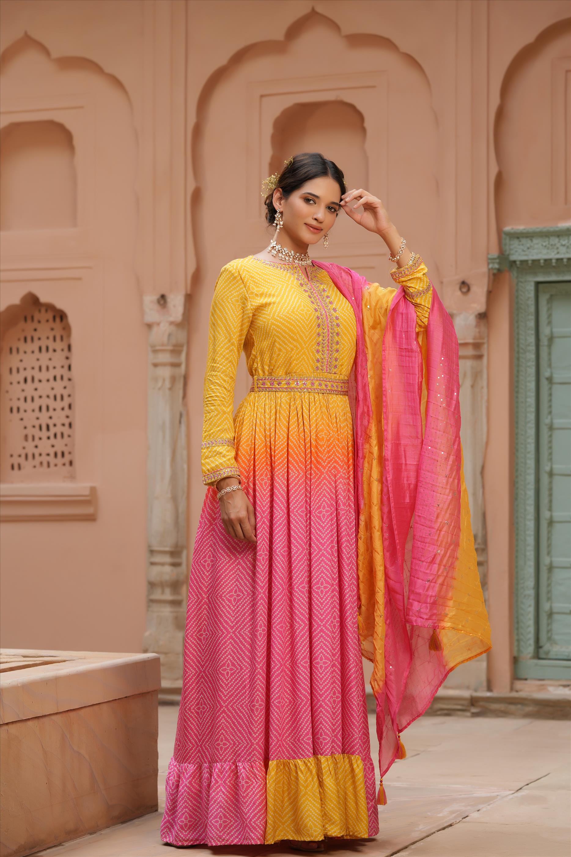 Pink Muslin Silk Bandhani Anarkali Dress With Belt & Dupatta