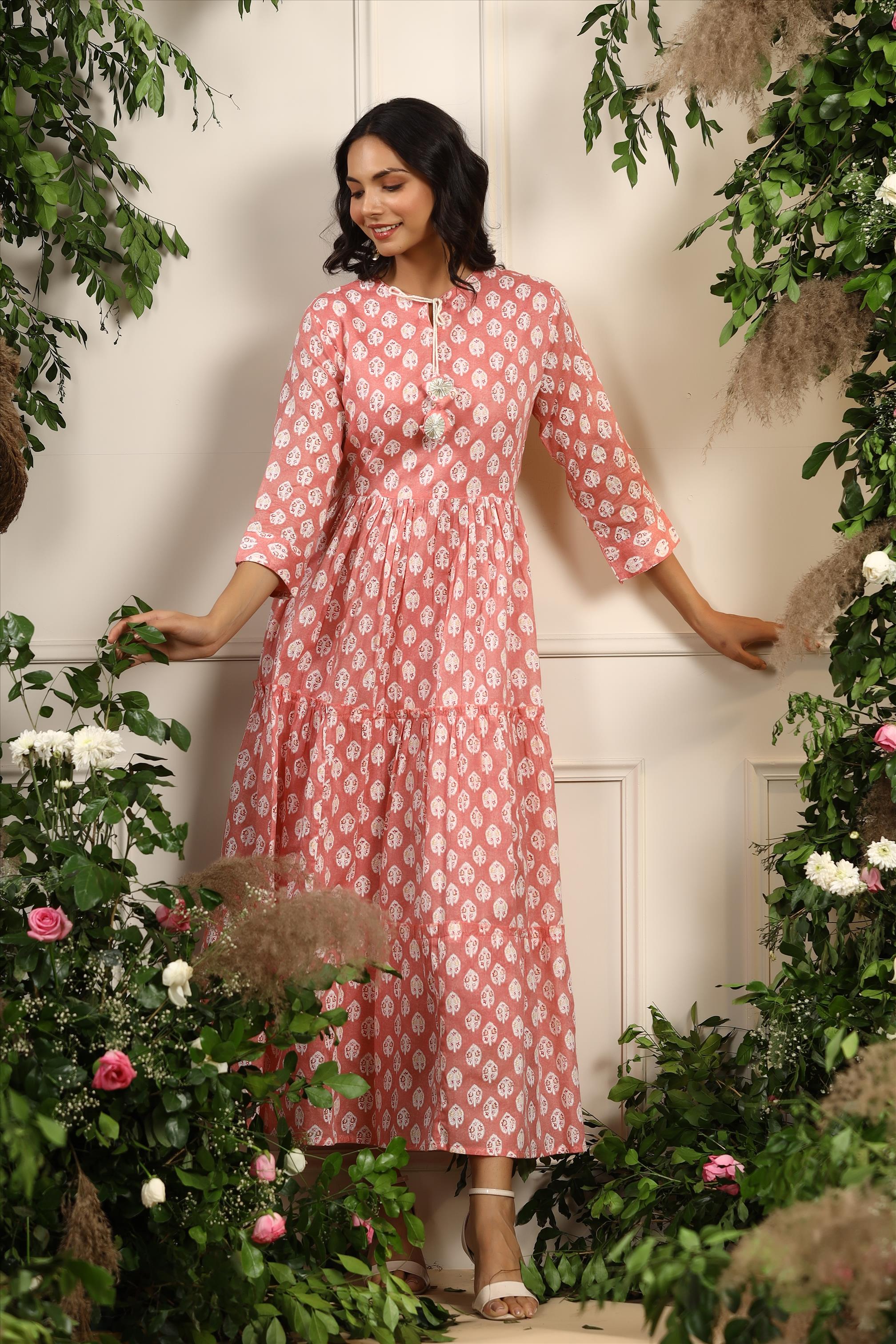 Pink Mul Cotton Ethnic Block Print Tiered Ethnic Dress