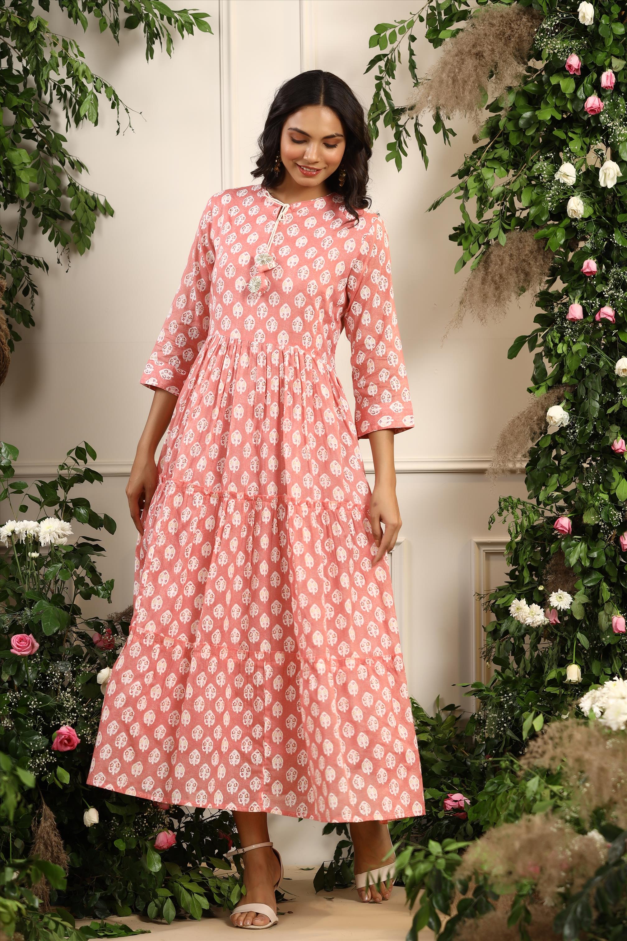 Pink Mul Cotton Ethnic Block Print Tiered Ethnic Dress