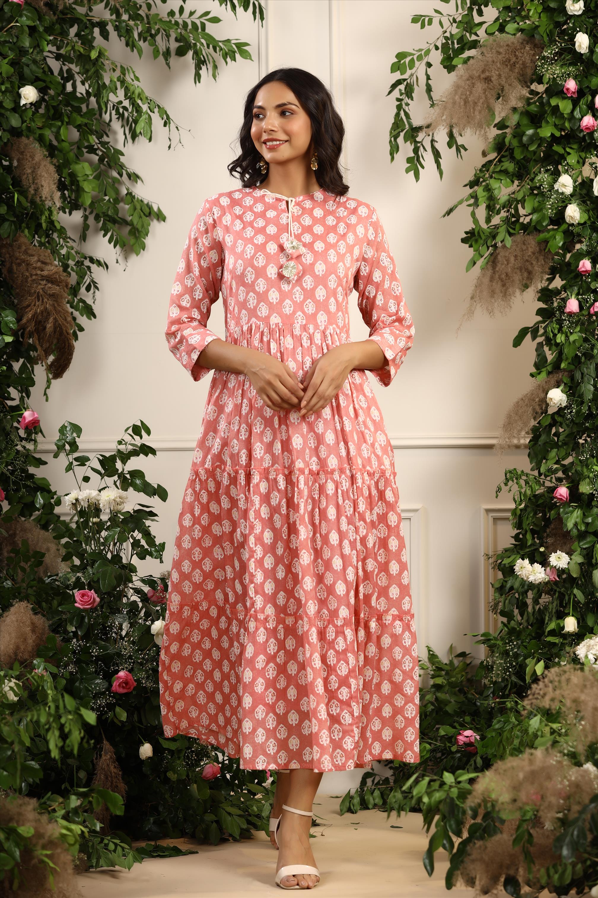 Pink Mul Cotton Ethnic Block Print Tiered Ethnic Dress