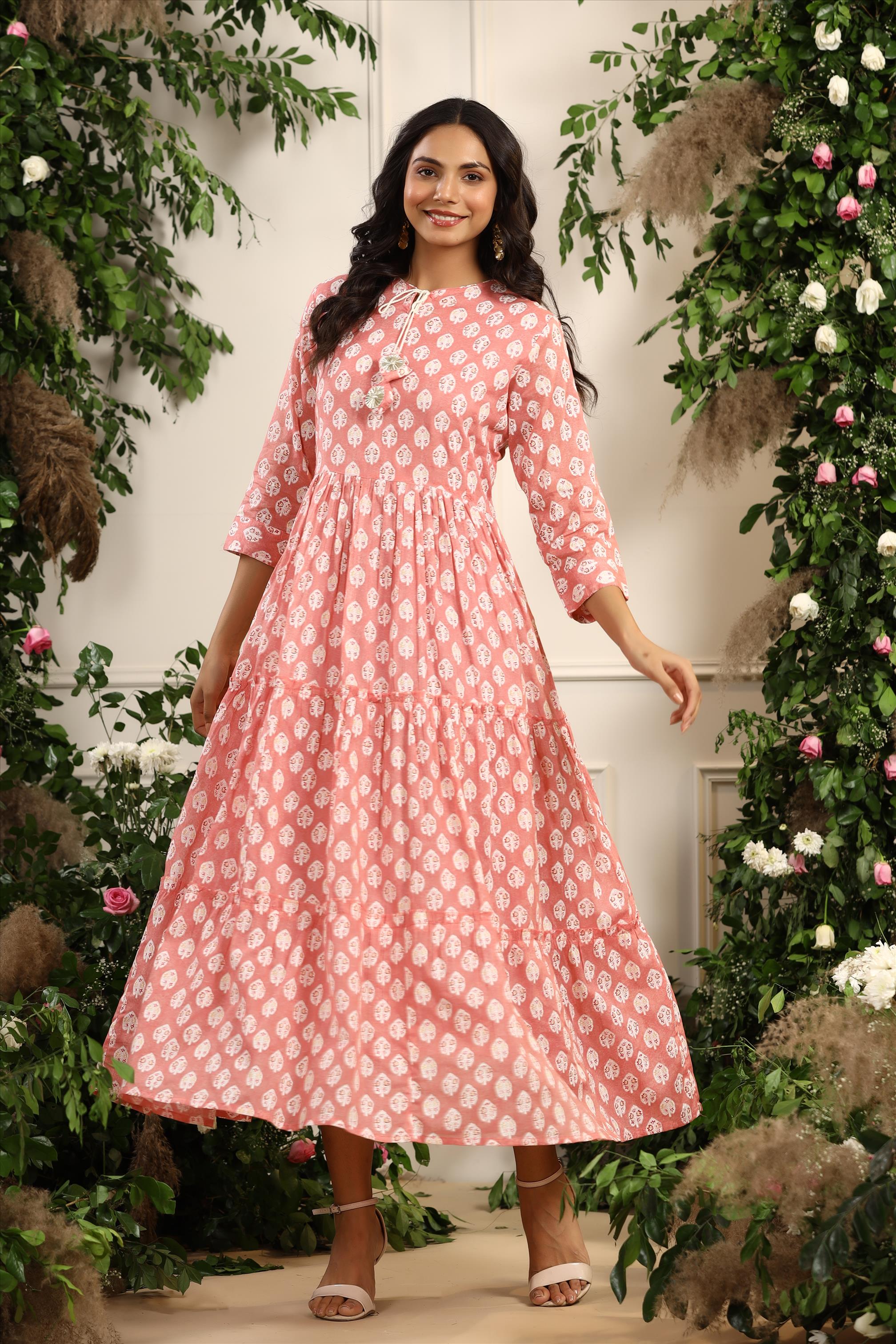 Pink Mul Cotton Ethnic Block Print Tiered Ethnic Dress