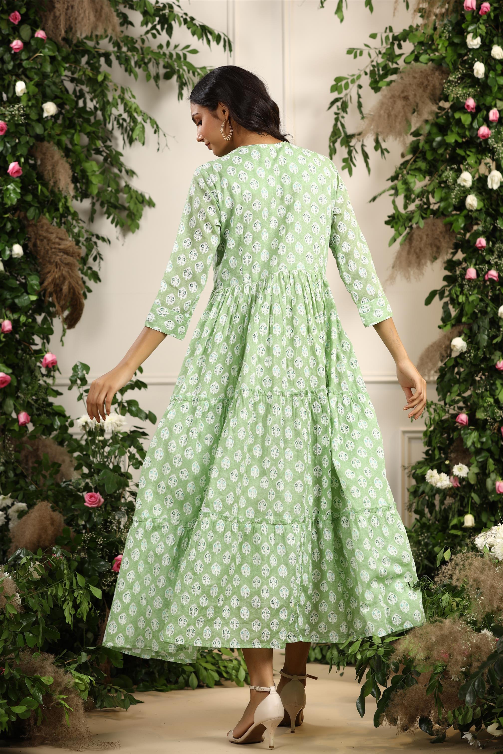 Pista Green Yellow Mul Cotton Ethnic Block Print Tiered Ethnic