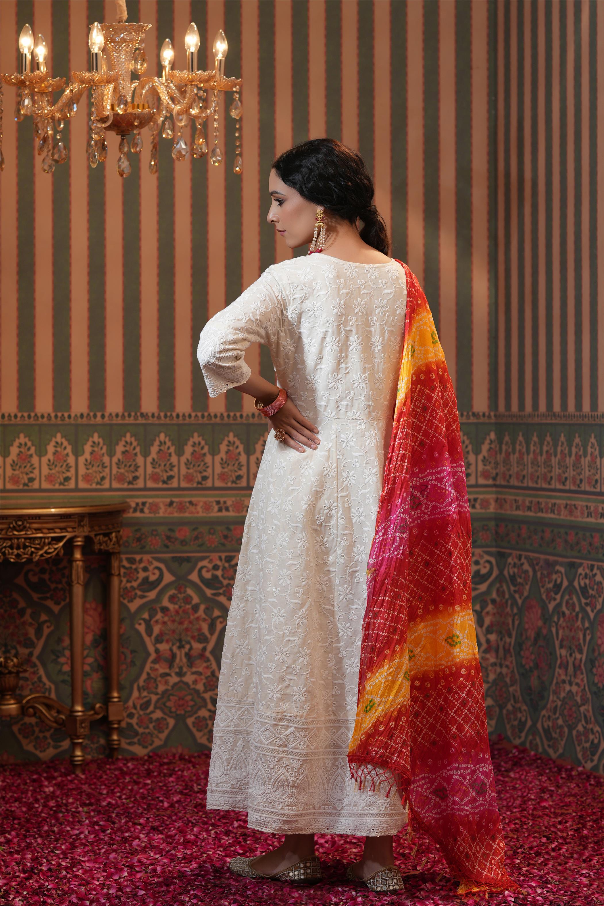 White Cotton Schiffli Chikankari Anarkali Kurta With Silk Bandhani Dupatta
