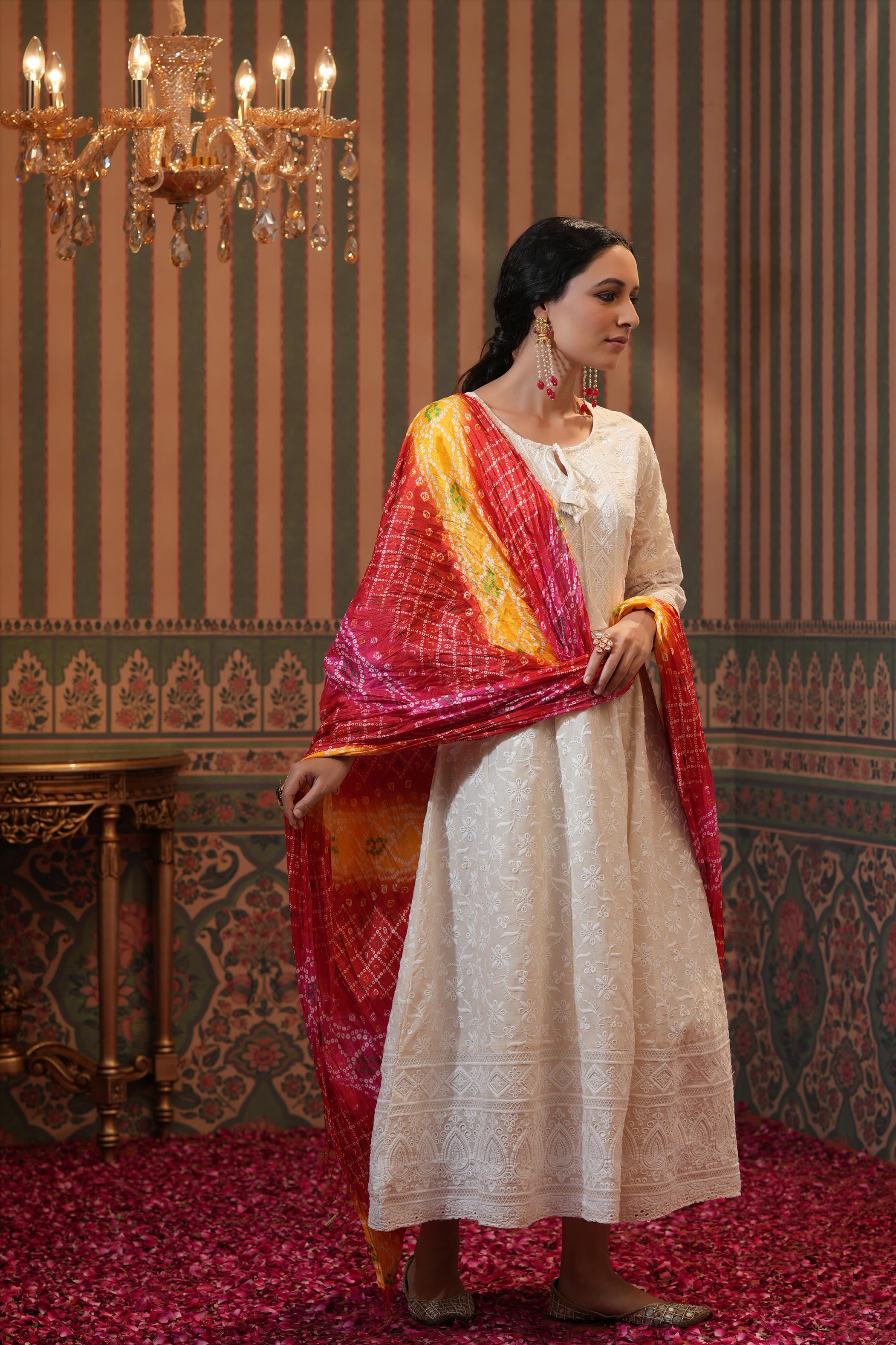 White Cotton Schiffli Chikankari Anarkali Kurta With Silk Bandhani Dupatta