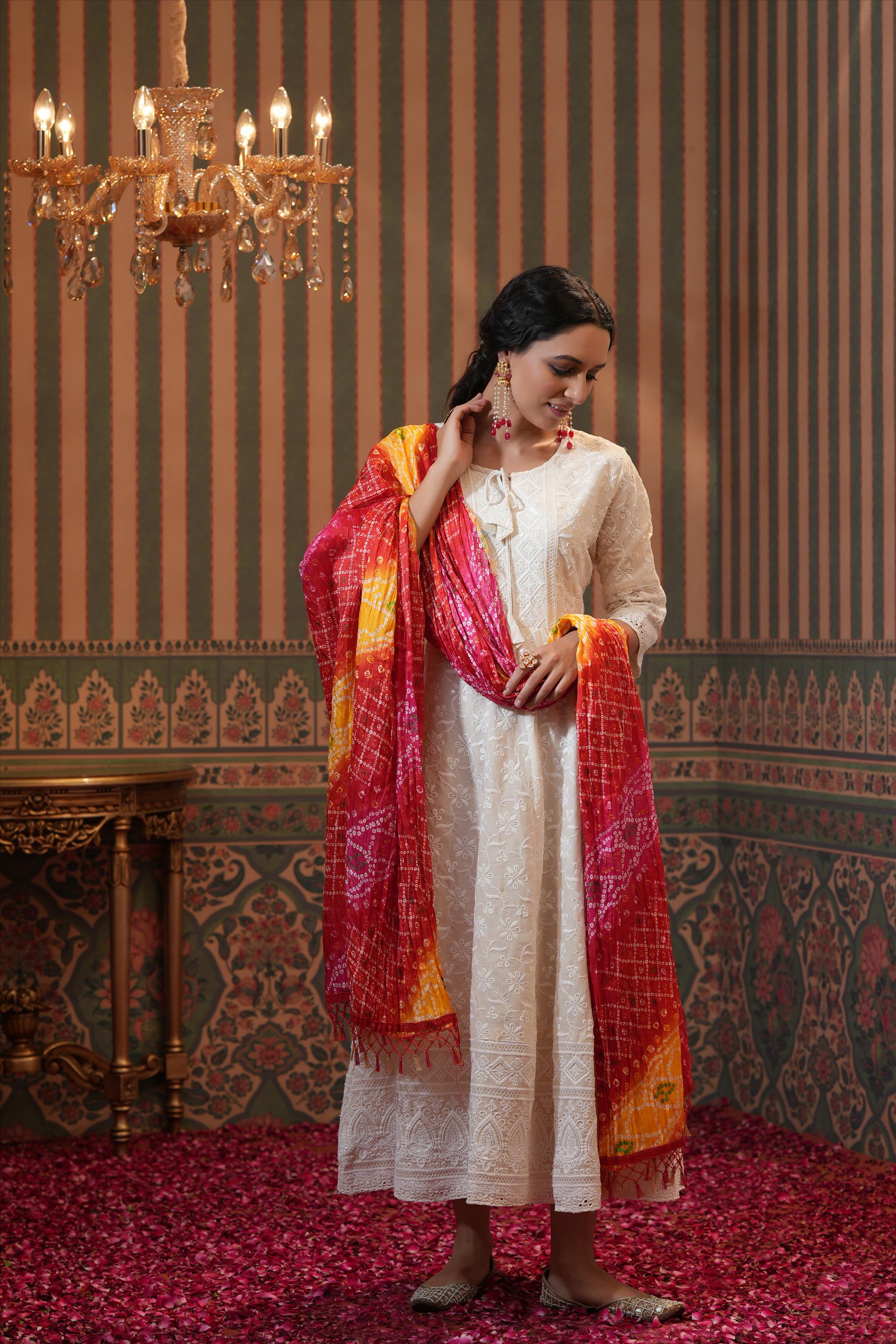 White Cotton Schiffli Chikankari Anarkali Kurta With Silk Bandhani Dupatta