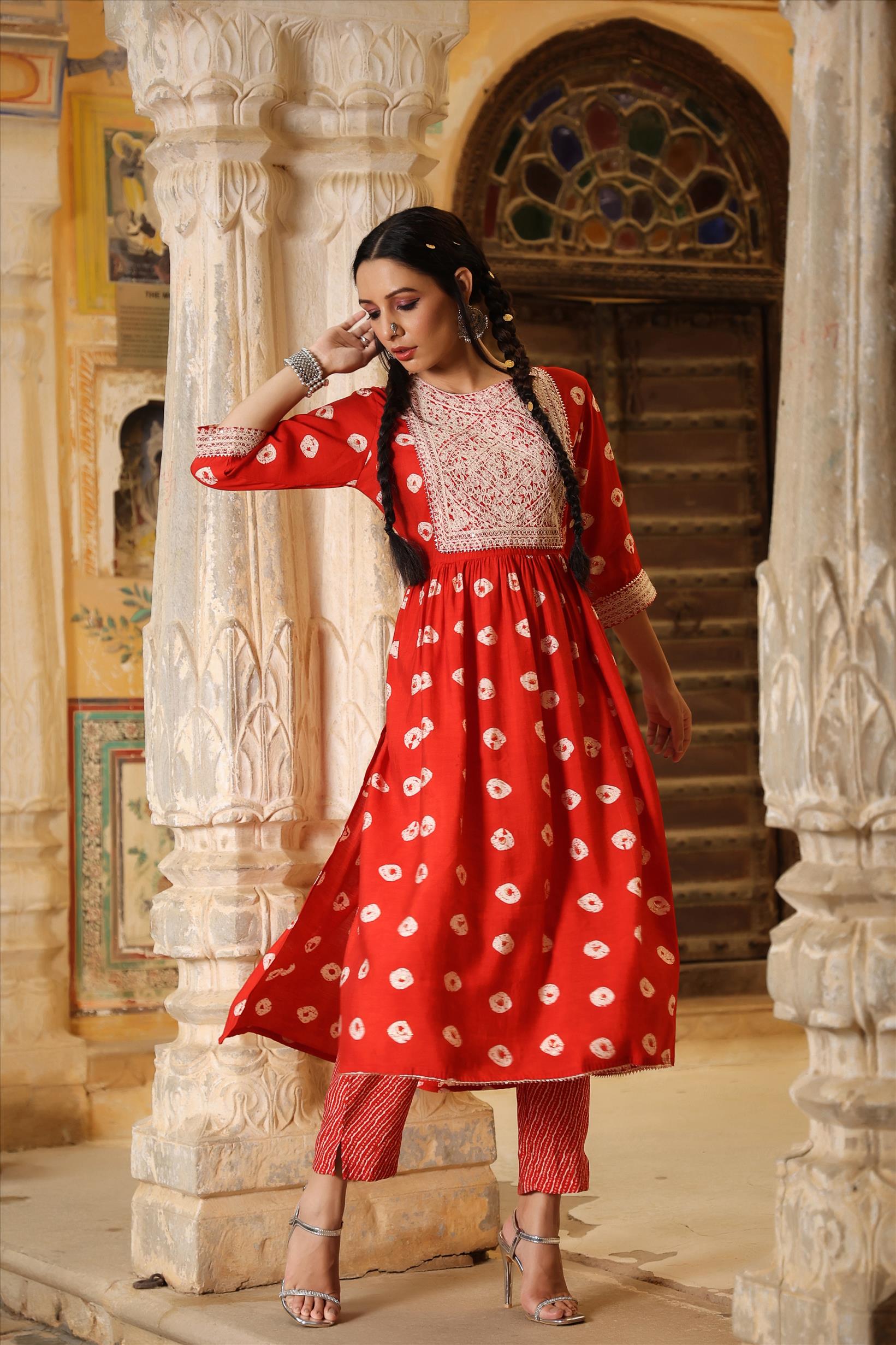 Red Modal Chanderi Block Printed Fit & Flared Co-Ord Set