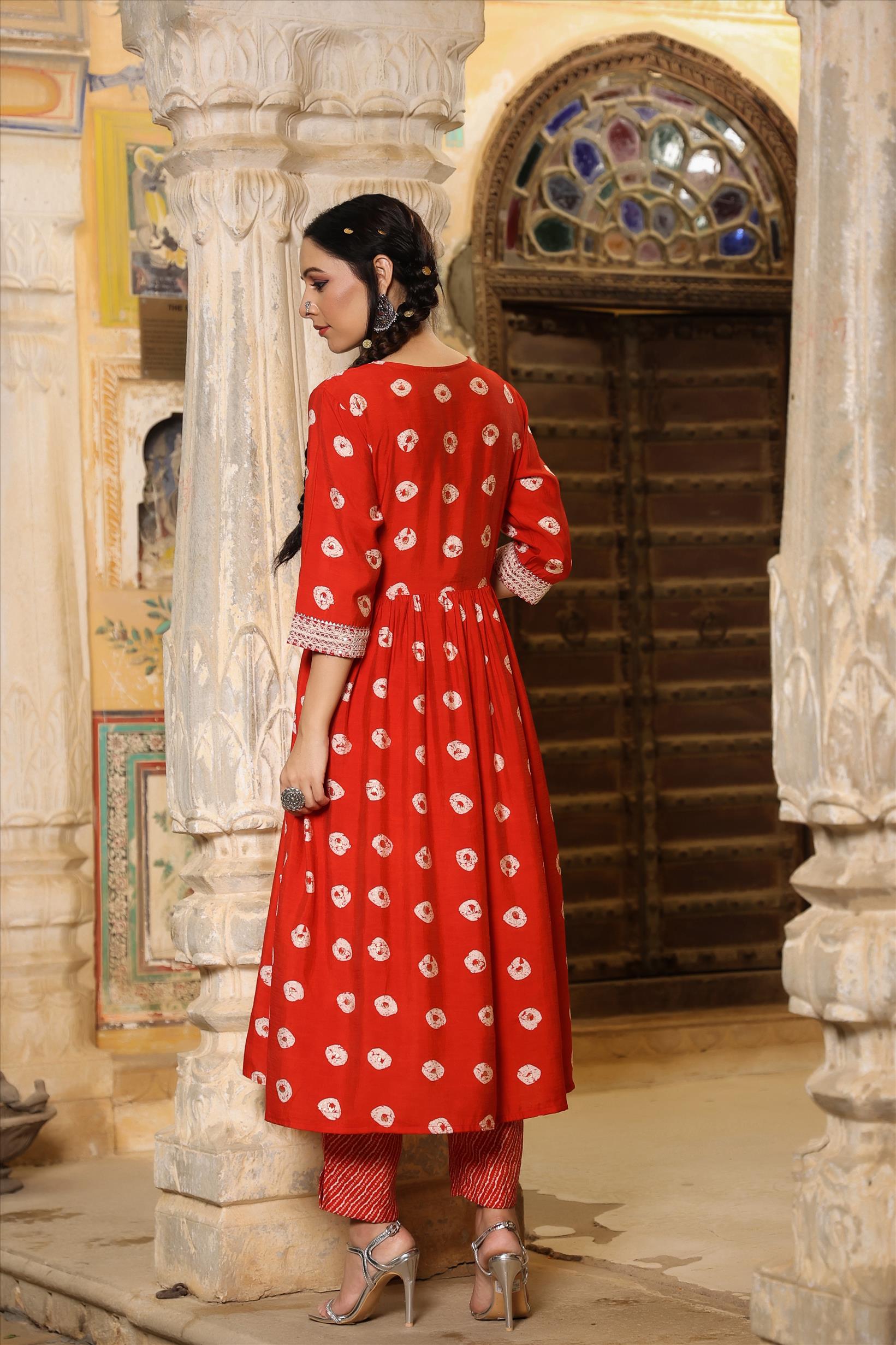 Red Modal Chanderi Block Printed Fit & Flared Co-Ord Set