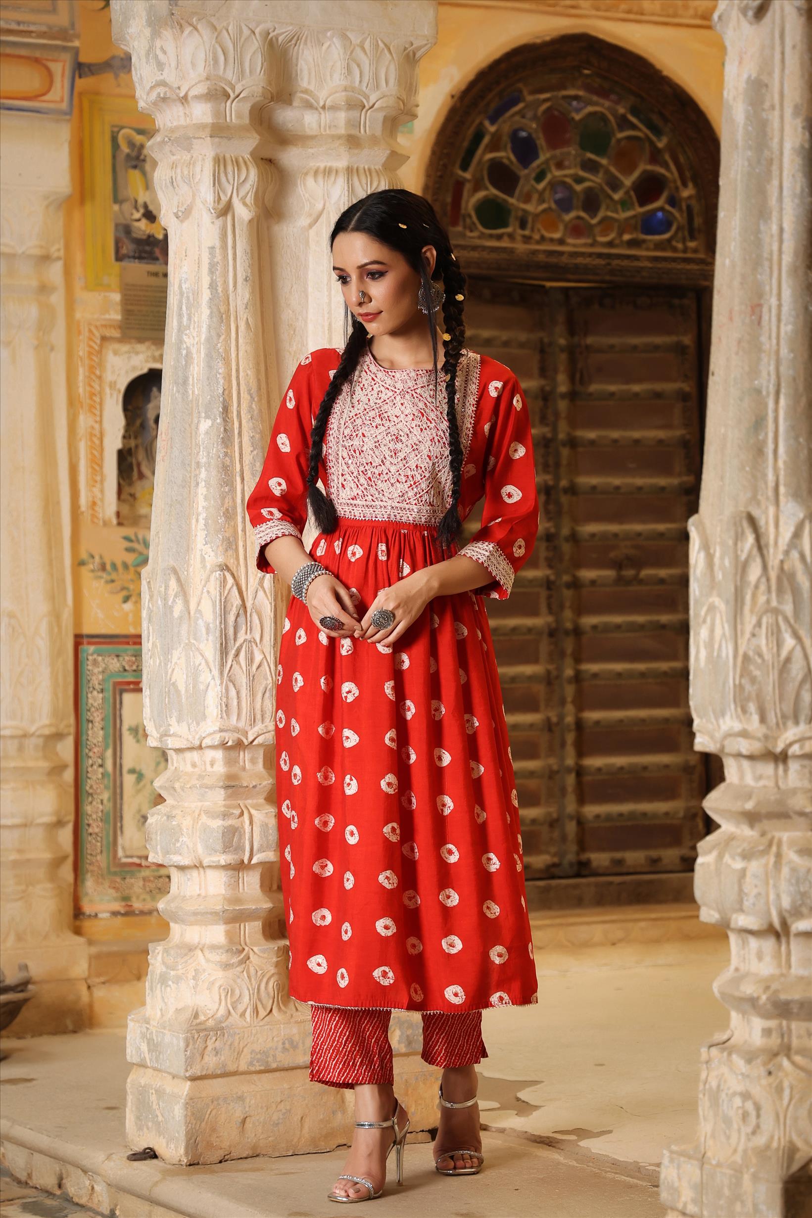 Red Modal Chanderi Block Printed Fit & Flared Co-Ord Set