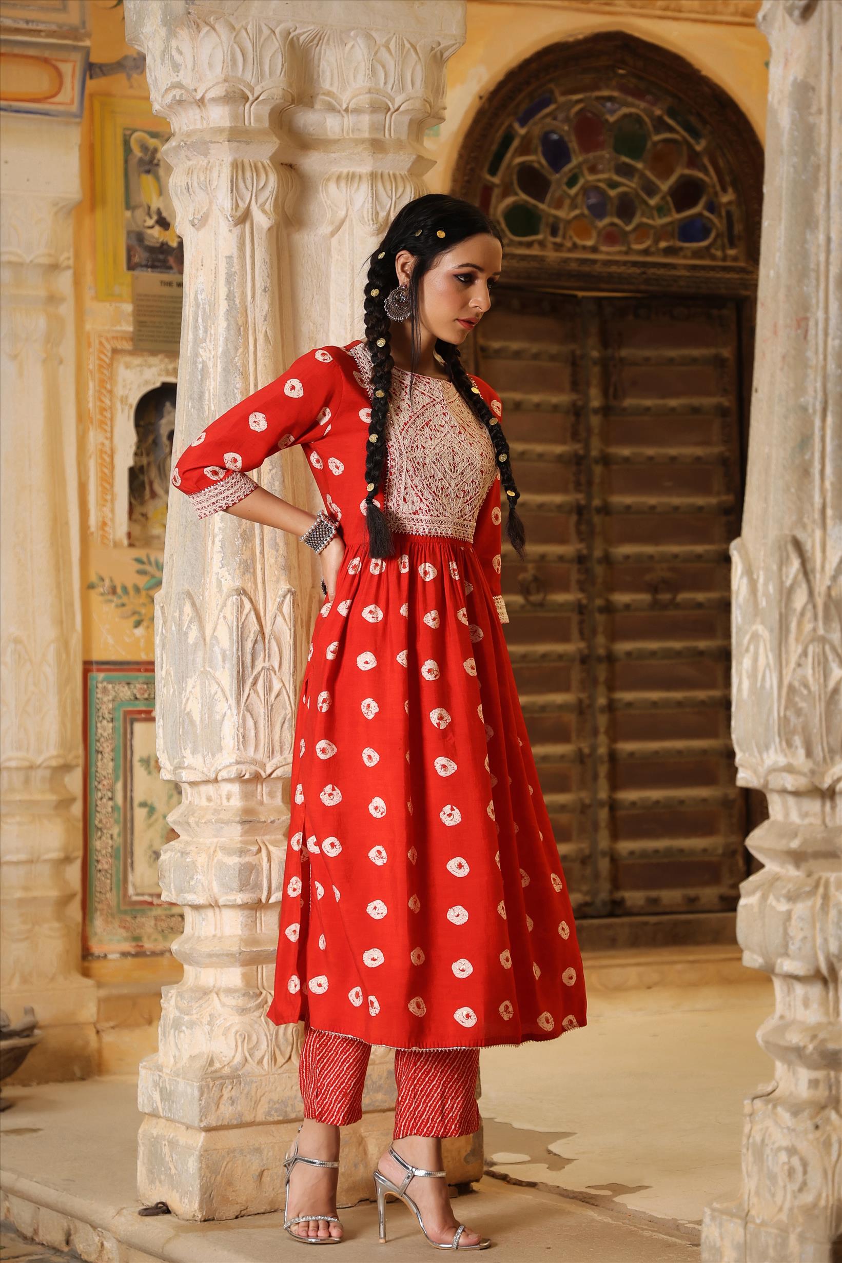 Red Modal Chanderi Block Printed Fit & Flared Co-Ord Set