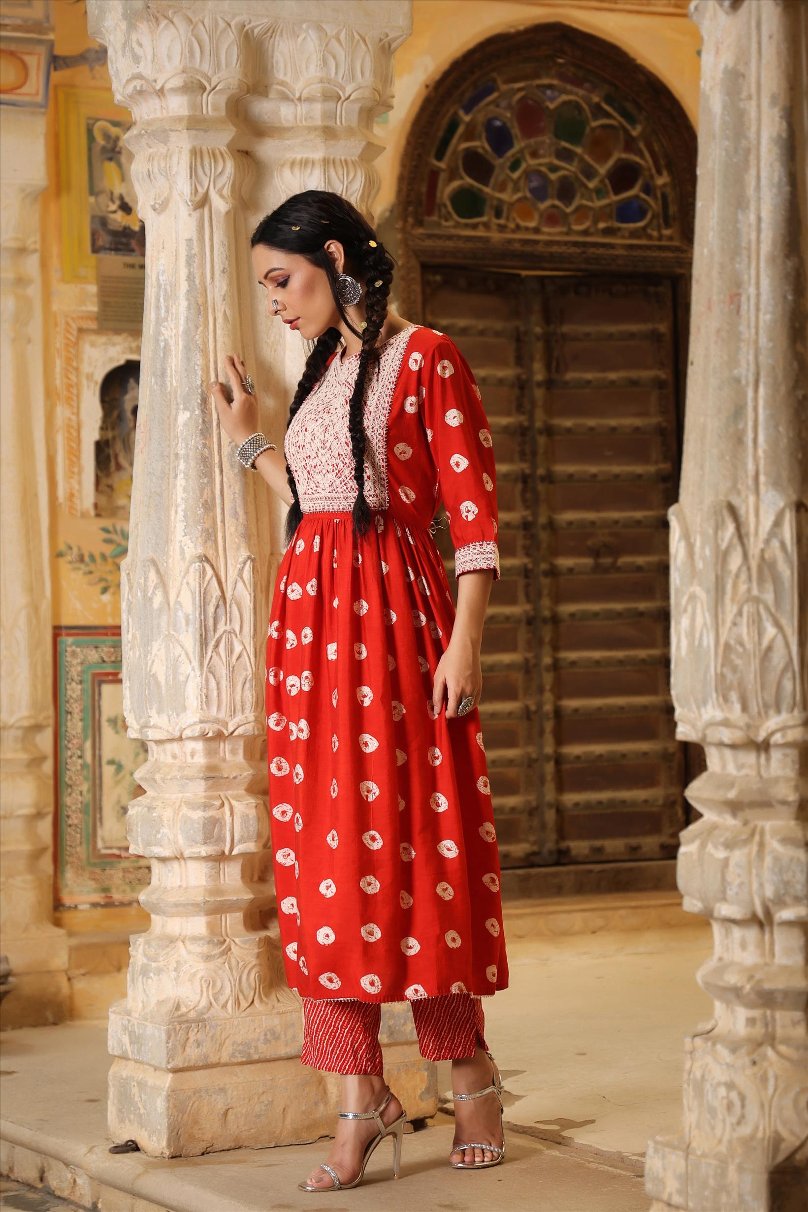 Red Modal Chanderi Block Printed Fit & Flared Co-Ord Set