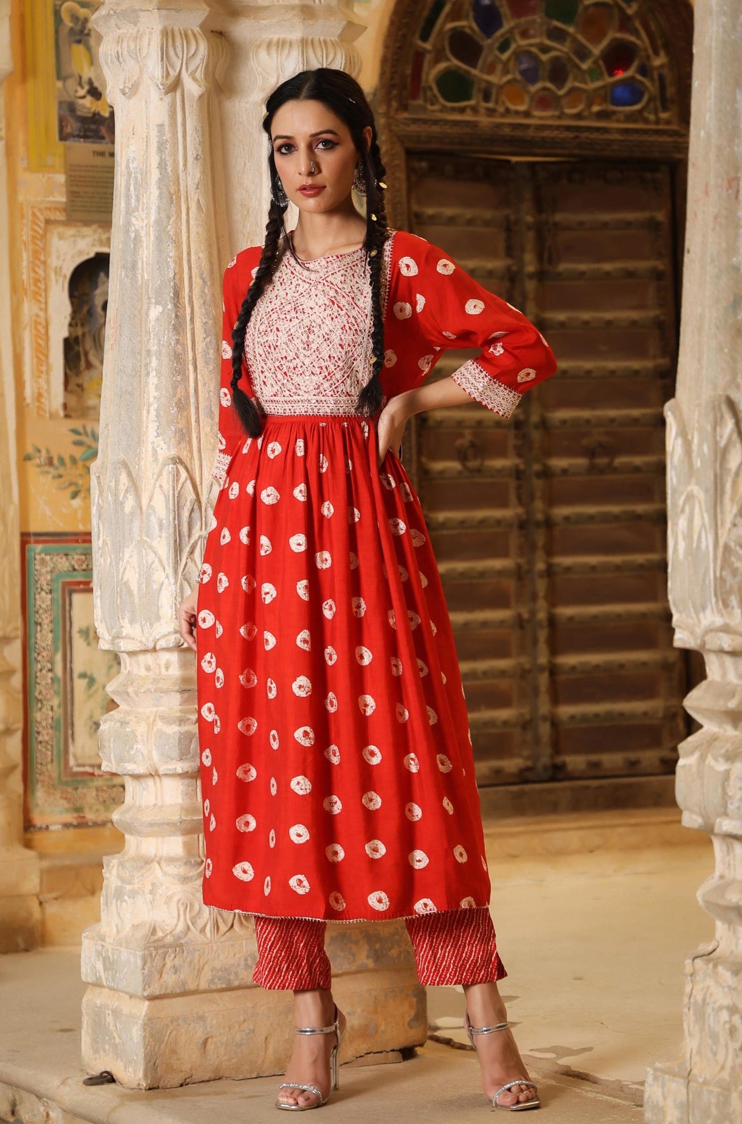 Red Modal Chanderi Block Printed Fit & Flared Co-Ord Set