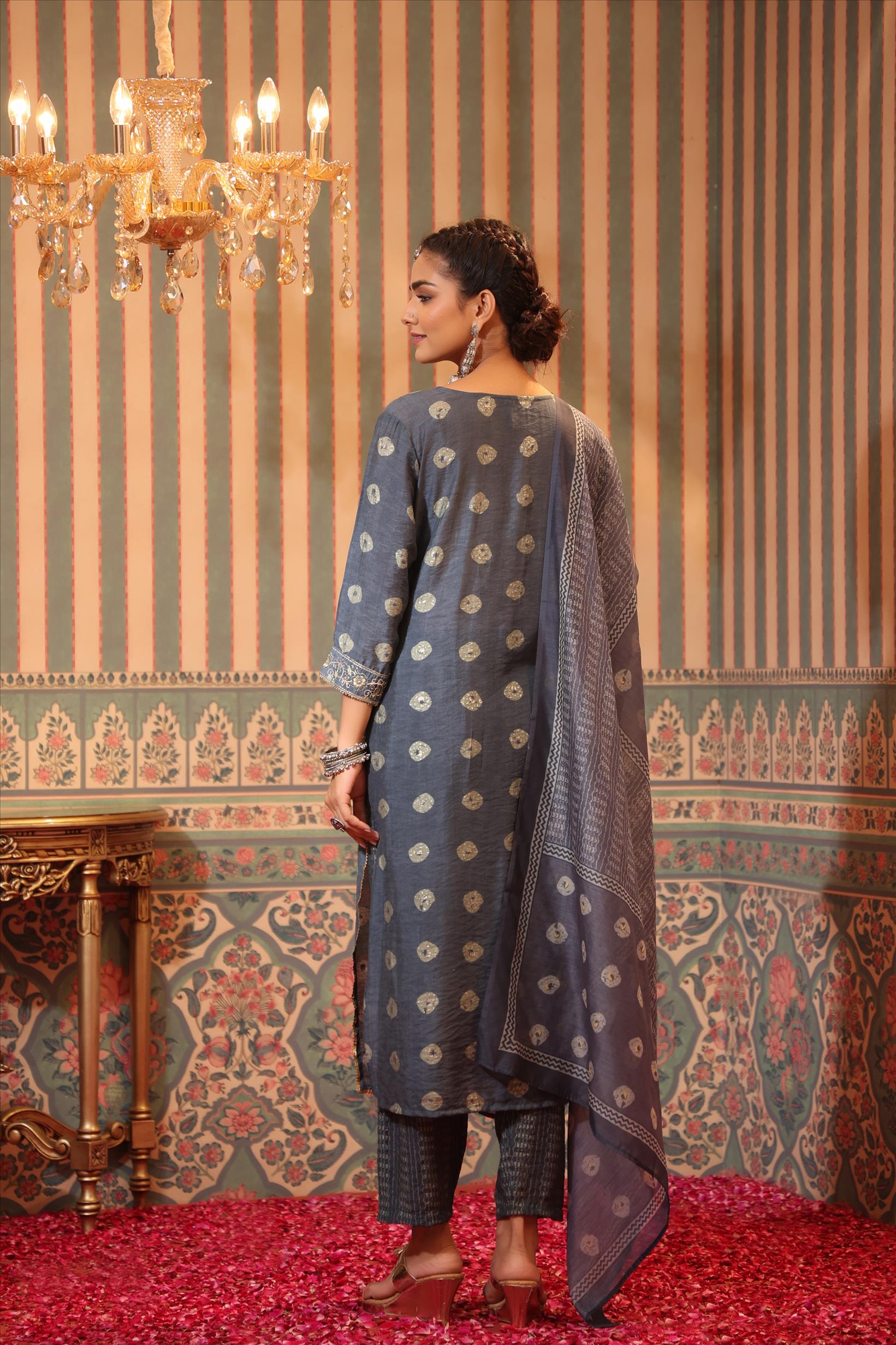 Grey Modal Chanderi Silk Embroidered Kurta Pant Dupatta Set