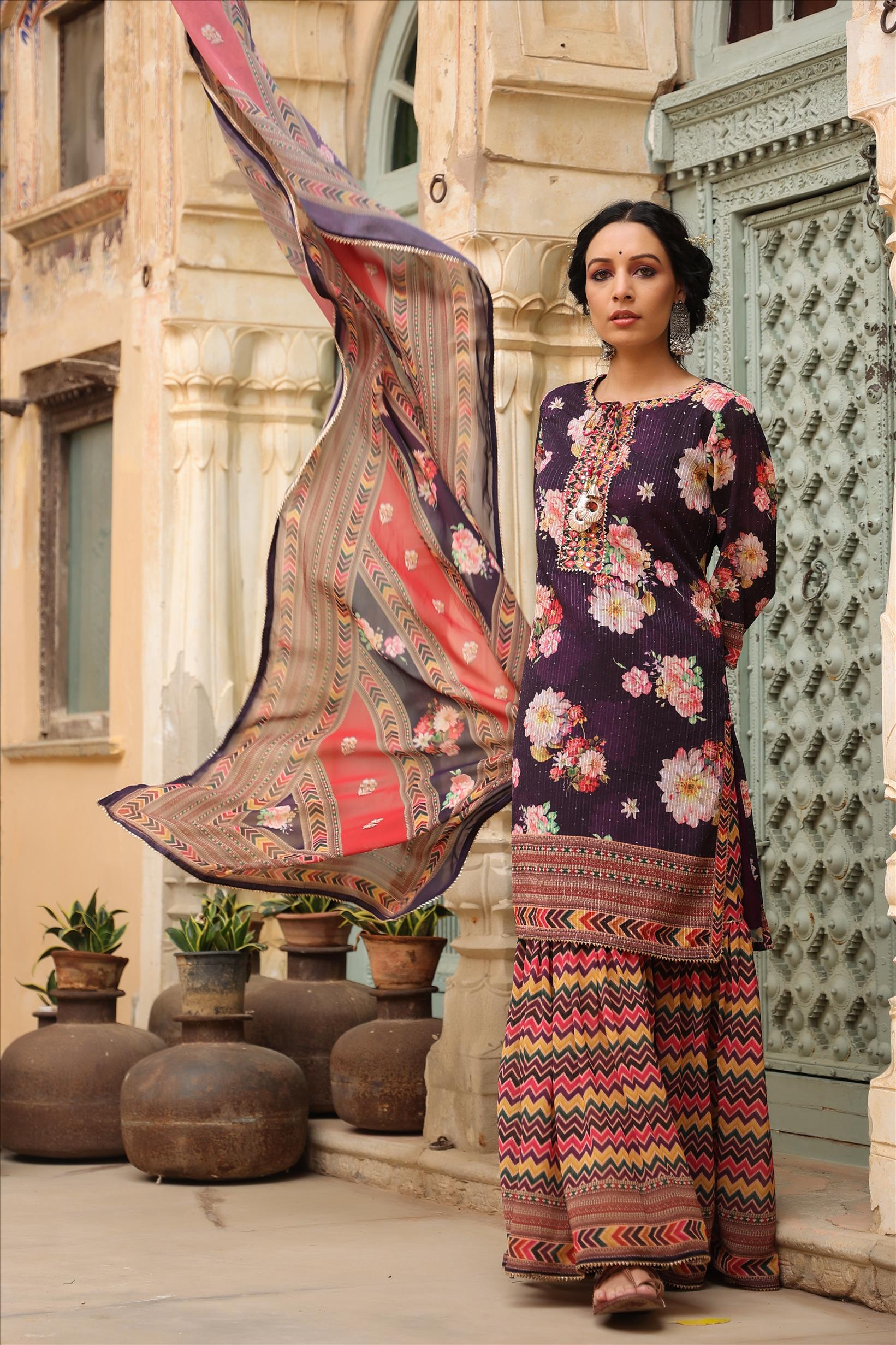 Purple Georgette Crochet Work Floral Printed Kurti Sharara Dupatta Set