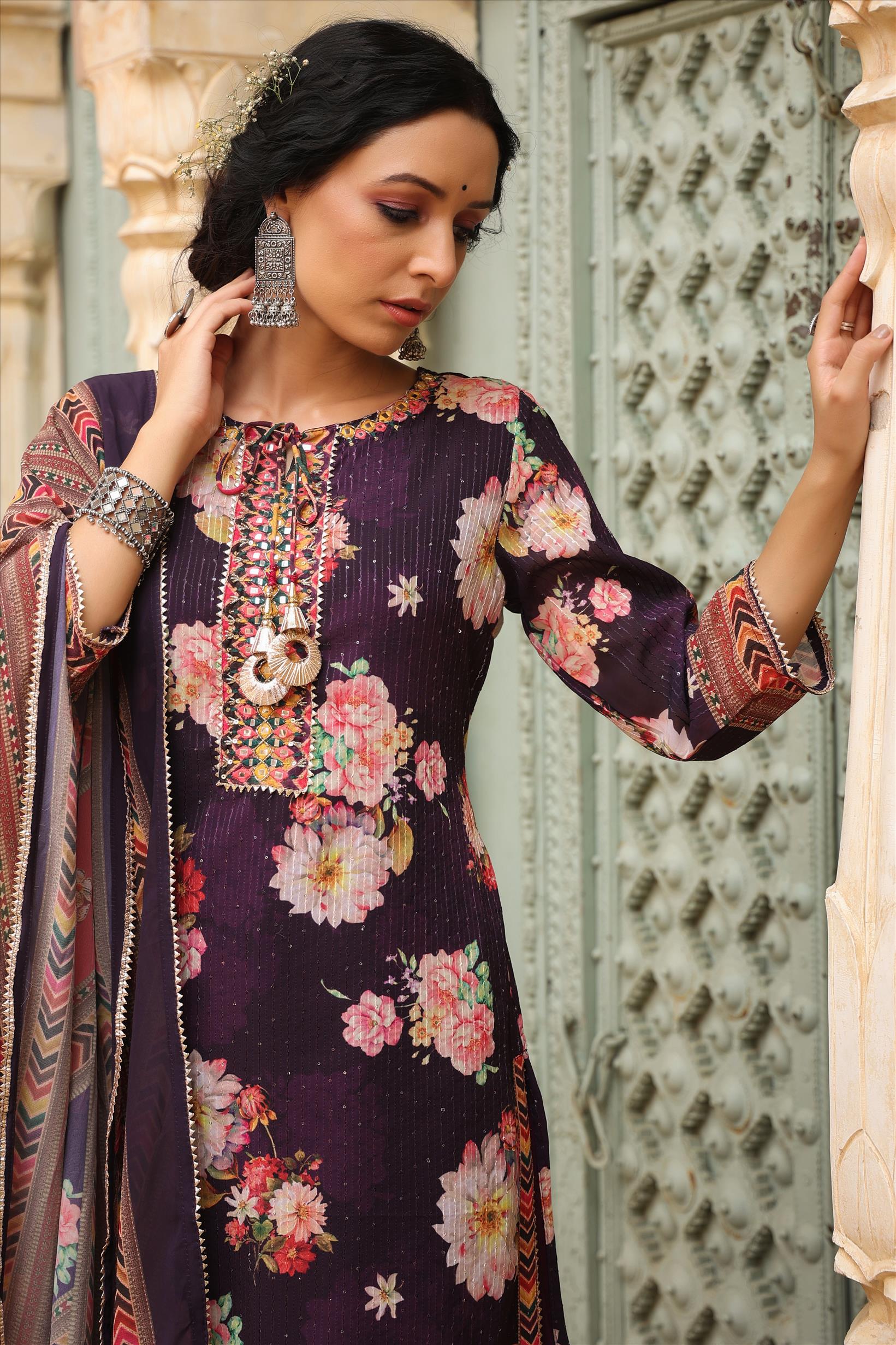 Purple Georgette Crochet Work Floral Printed Kurti Sharara Dupatta Set