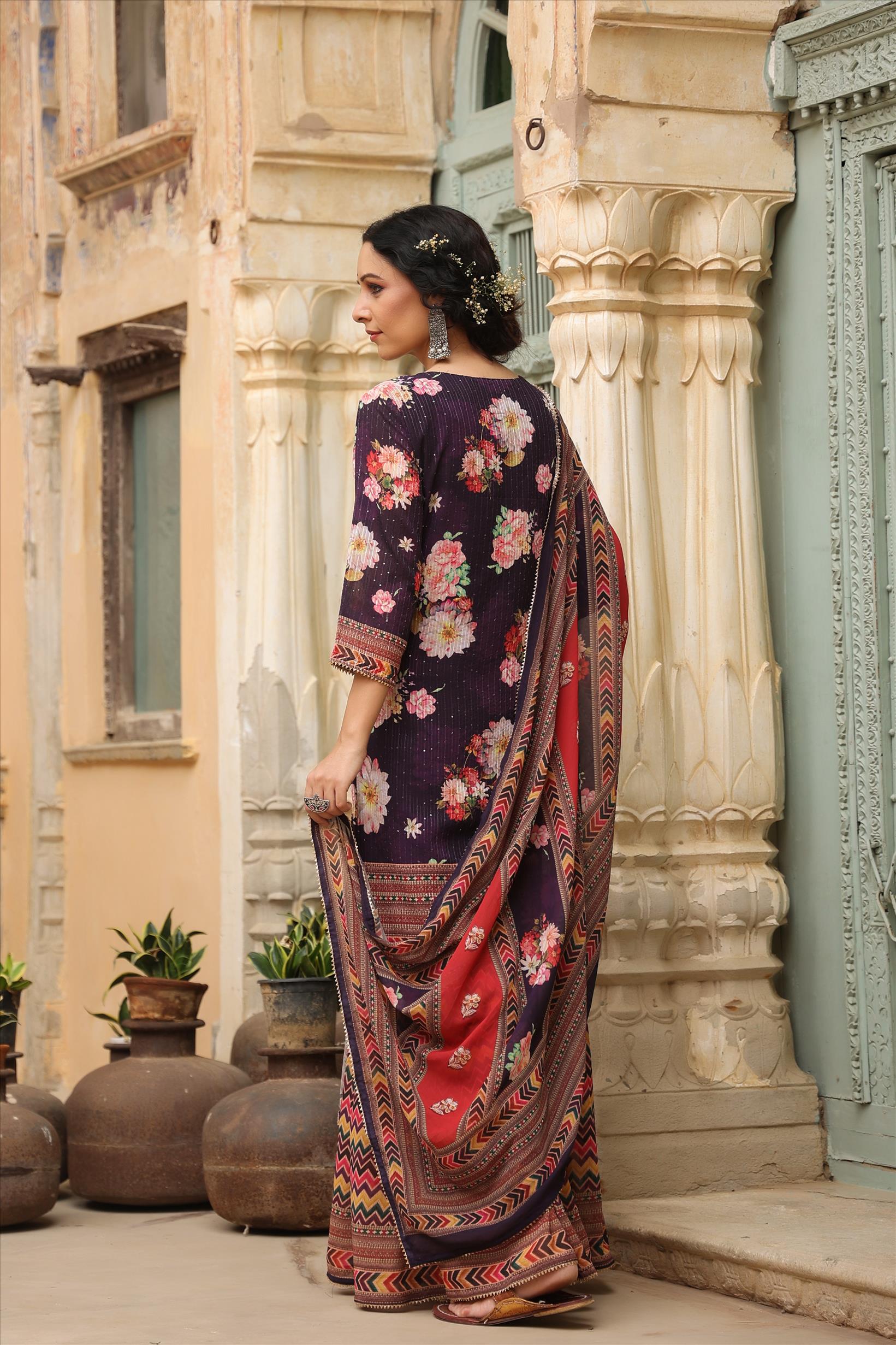 Purple Georgette Crochet Work Floral Printed Kurti Sharara Dupatta Set