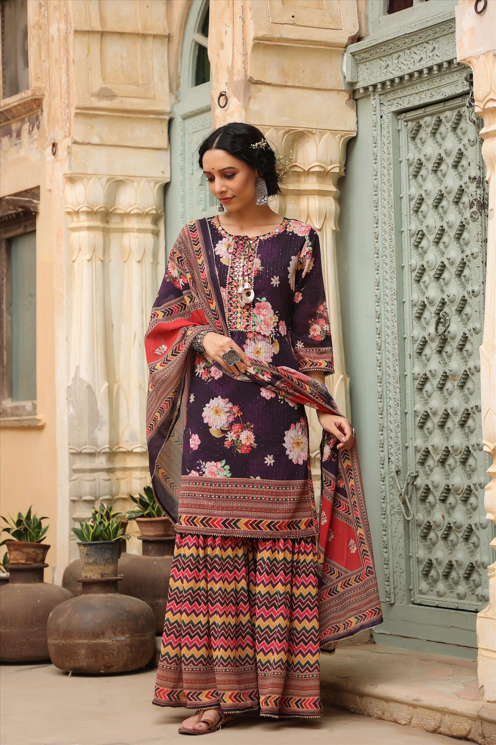 Purple Georgette Crochet Work Floral Printed Kurti Sharara Dupatta Set