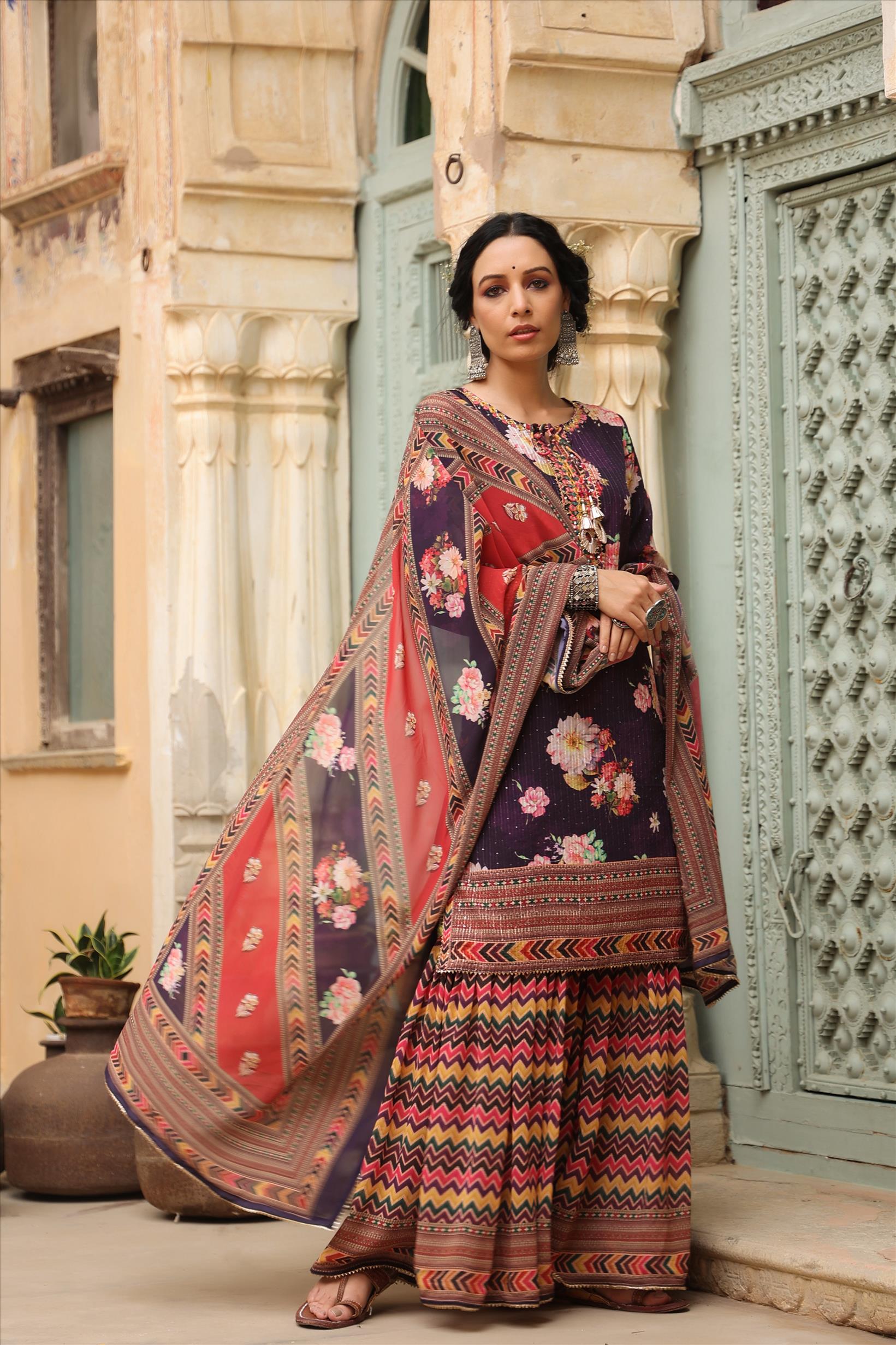 Purple Georgette Crochet Work Floral Printed Kurti Sharara Dupatta Set