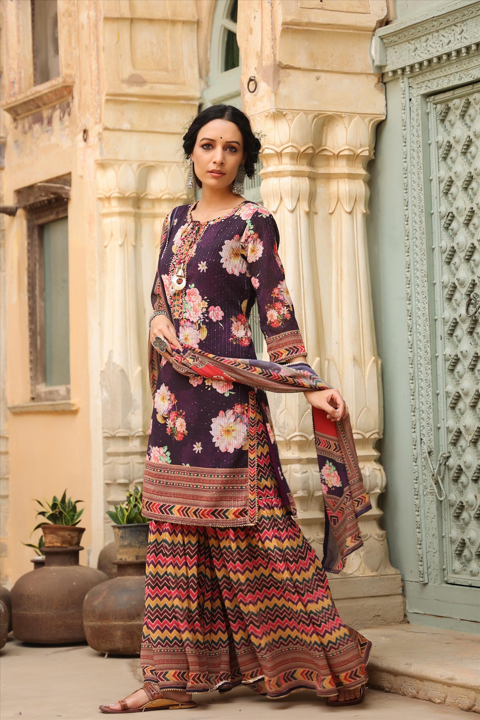 Purple Georgette Crochet Work Floral Printed Kurti Sharara Dupatta Set