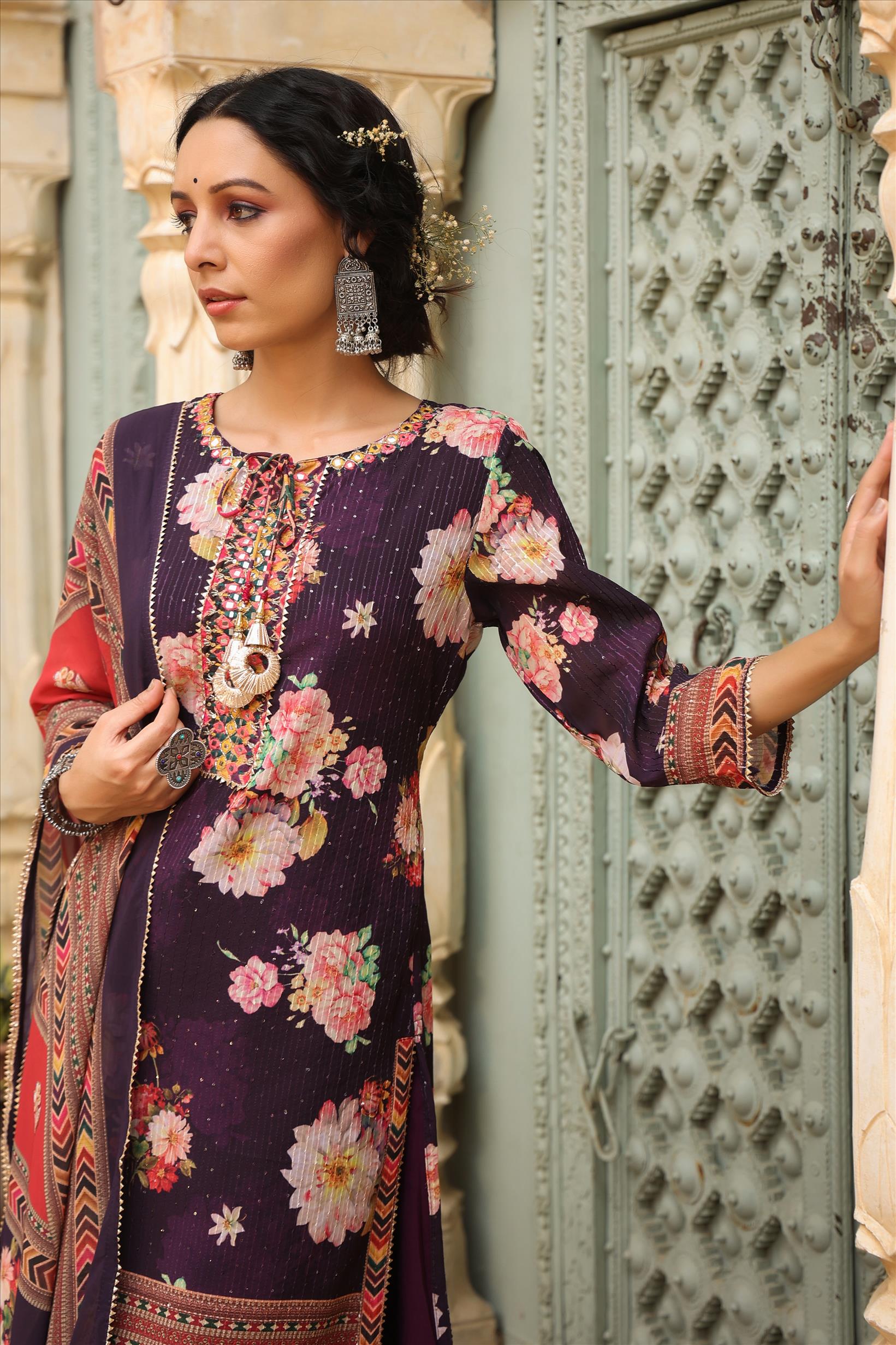 Purple Georgette Crochet Work Floral Printed Kurti Sharara Dupatta Set