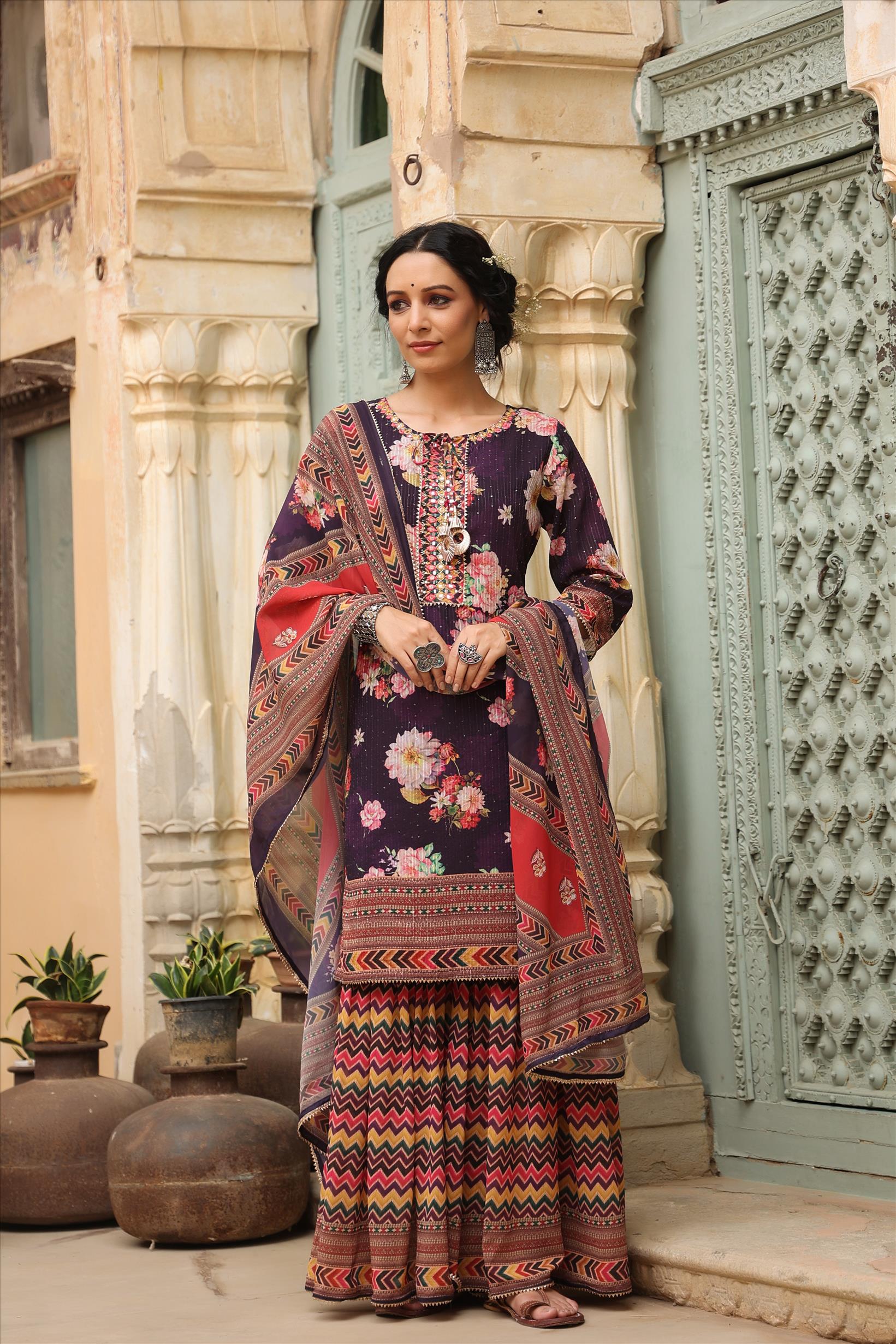 Purple Georgette Crochet Work Floral Printed Kurti Sharara Dupatta Set
