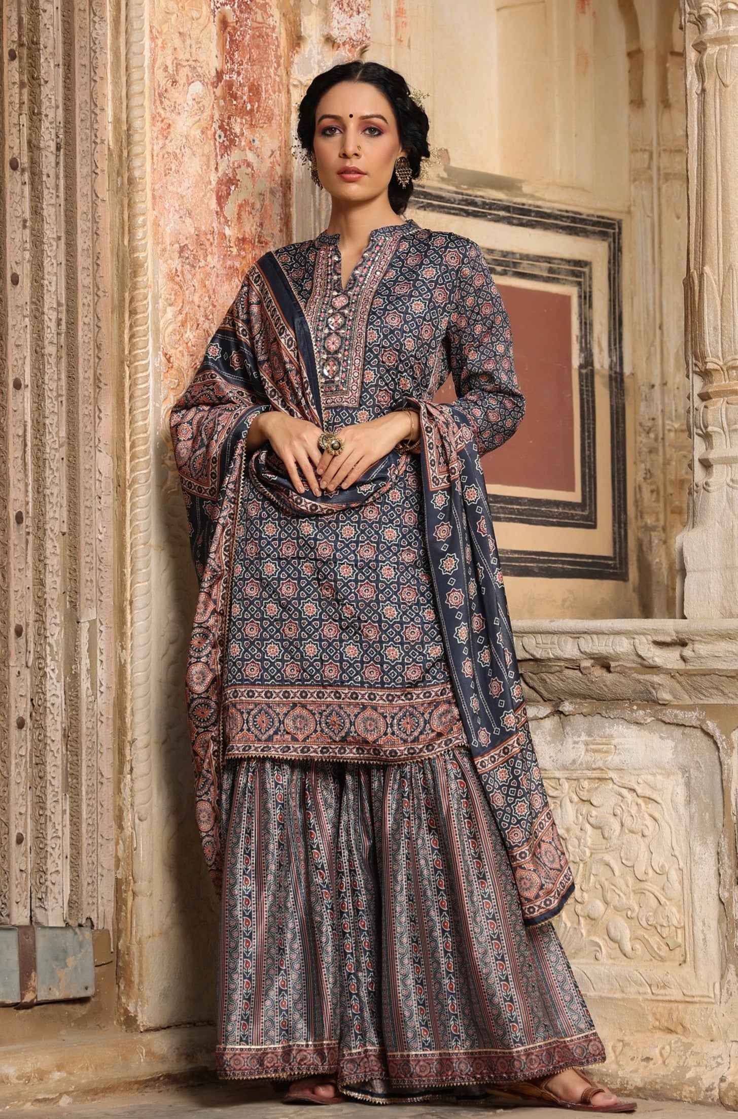Navy Chinon Silk Crochet Work Printed Kurti Sharara Dupatta Set