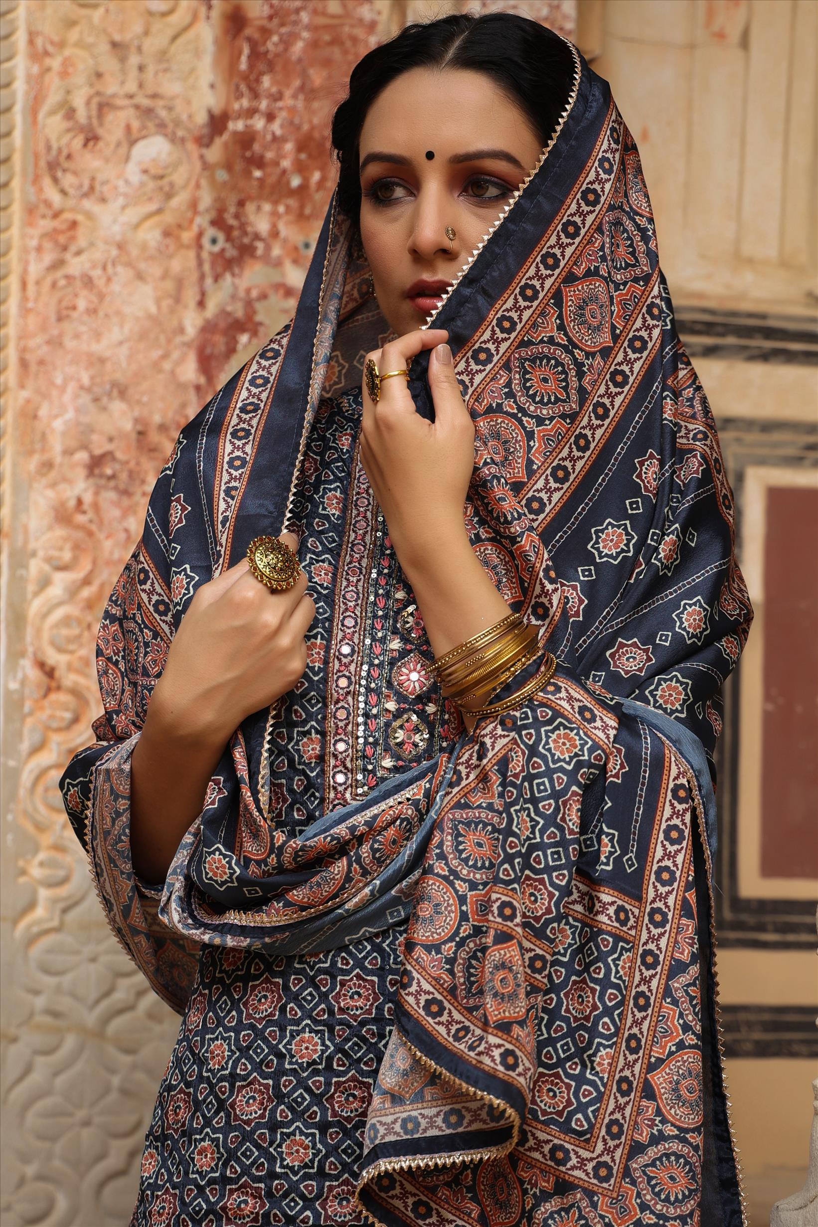 Navy Chinon Silk Crochet Work Printed Kurti Sharara Dupatta Set