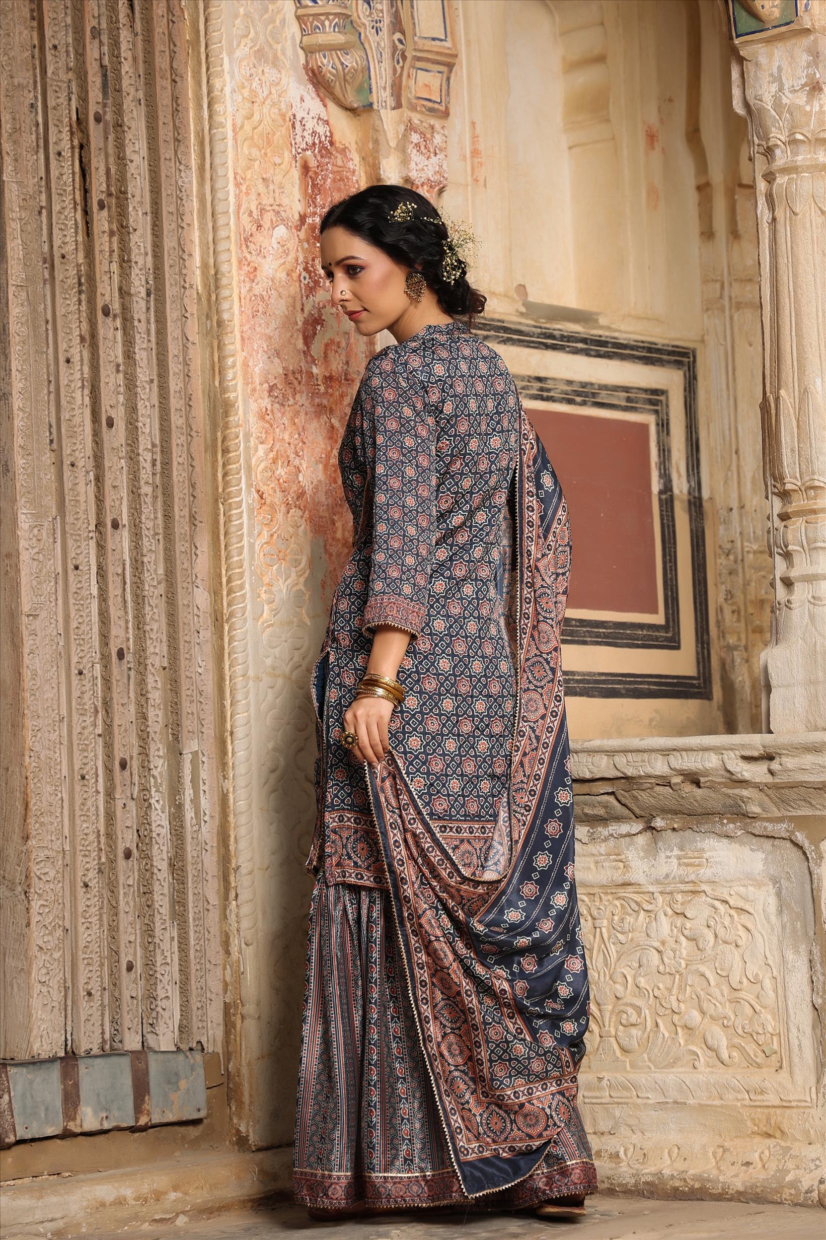 Navy Chinon Silk Crochet Work Printed Kurti Sharara Dupatta Set
