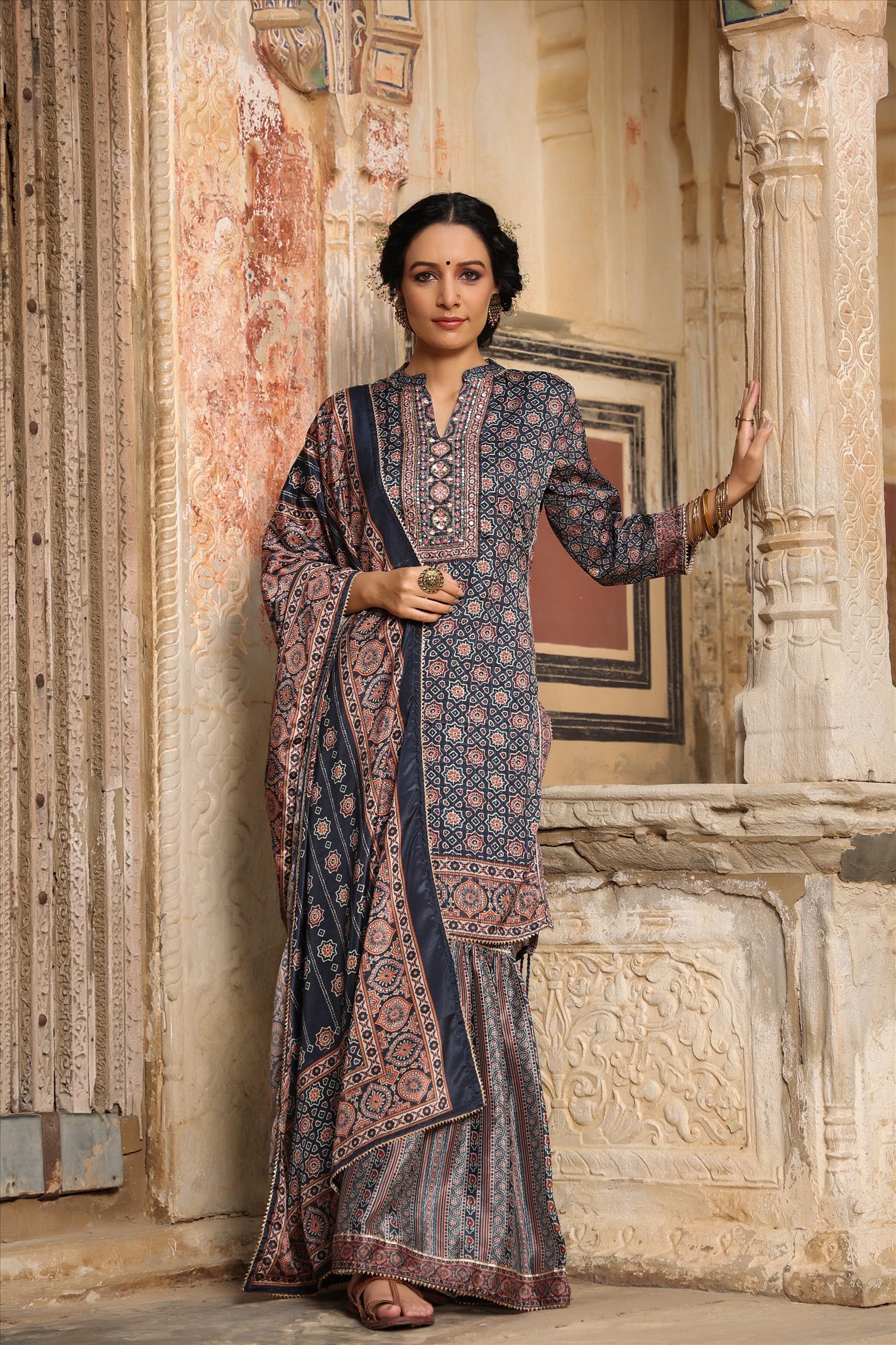 Navy Chinon Silk Crochet Work Printed Kurti Sharara Dupatta Set